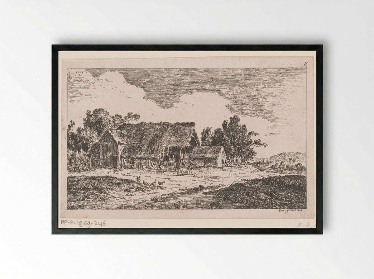 Boerderij met kippen en geiten - Alexis Nicolas Pérignon - Framed Print Black