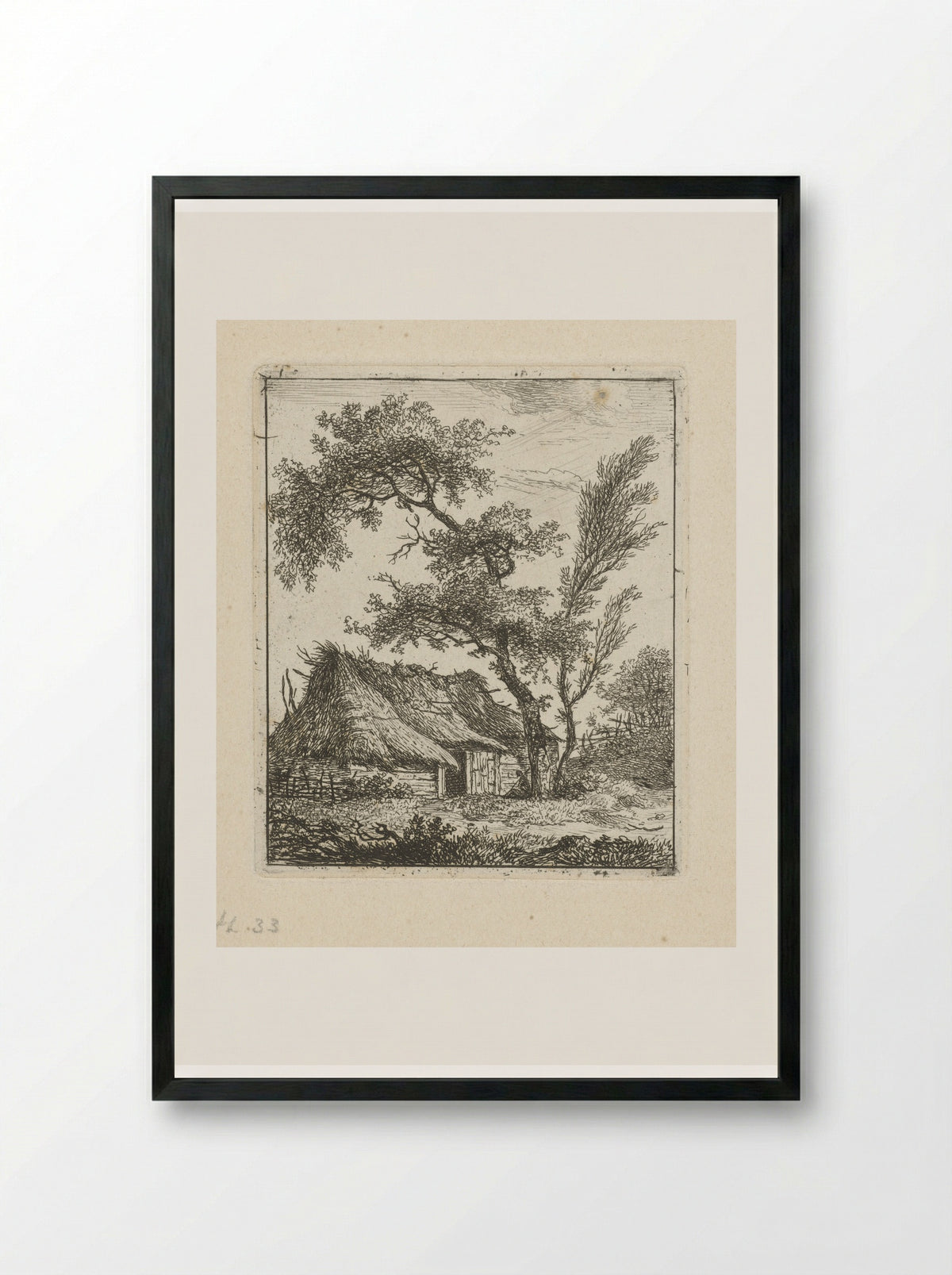 Boerderij met rieten dak en twee bomen - Hermanus Fock - Framed Print Black