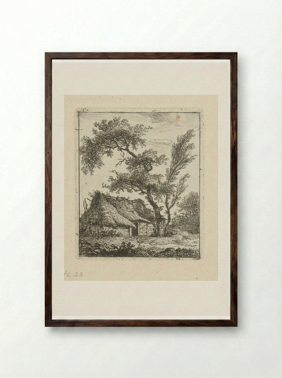 Boerderij met rieten dak en twee bomen - Hermanus Fock - Framed Print Dark Wood