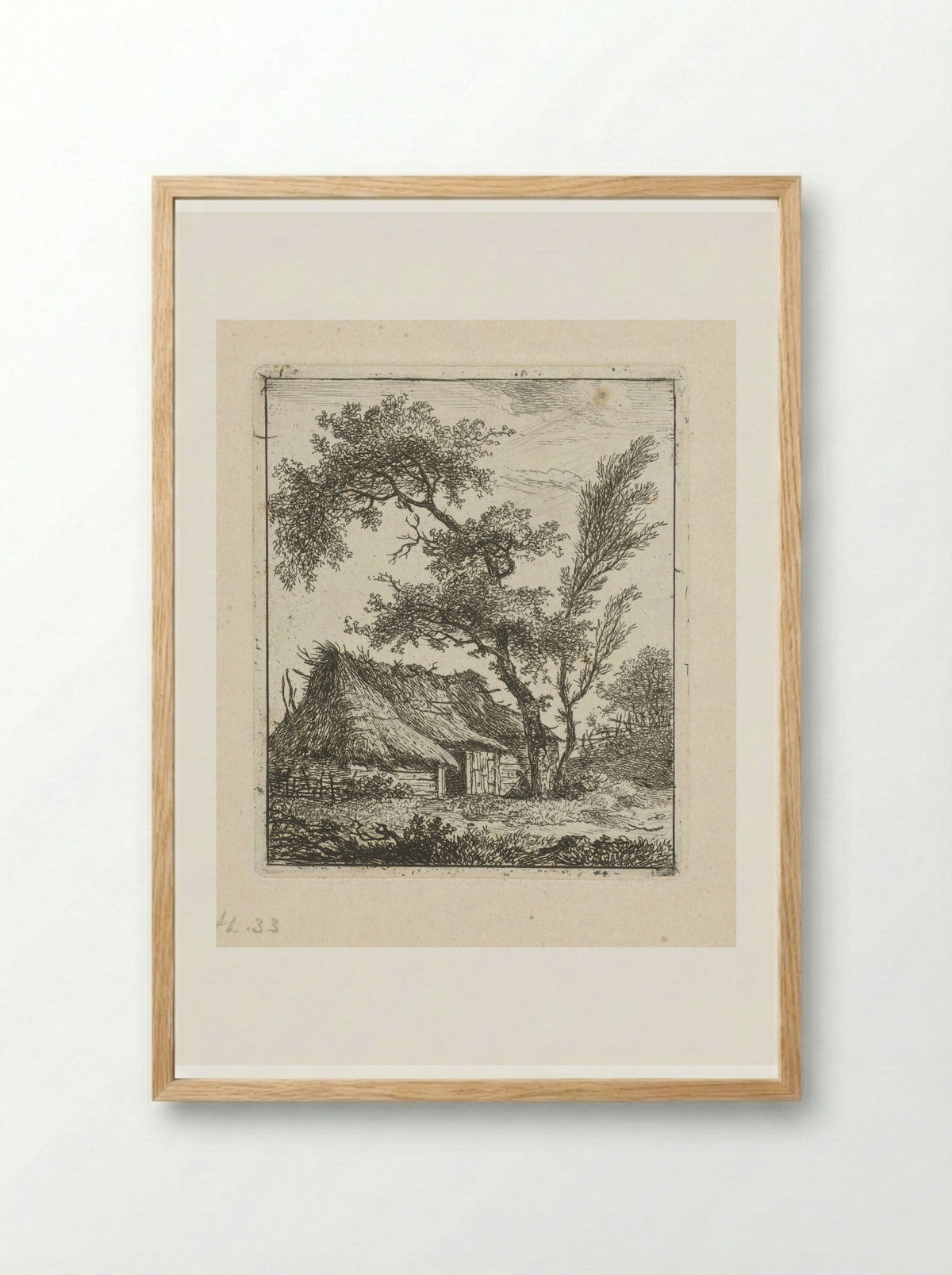 Boerderij met rieten dak en twee bomen - Hermanus Fock - Framed Print Wood