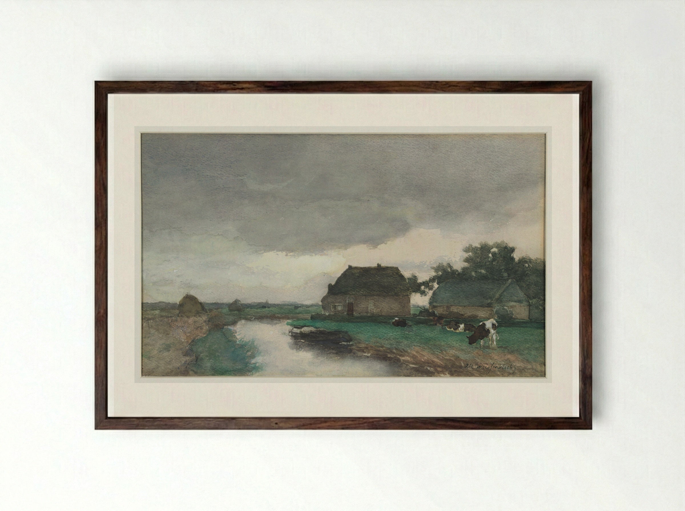 Boerderij met schuur aan een vaart - Johan Hendrik Weissenbruch - Framed Print Dark Wood