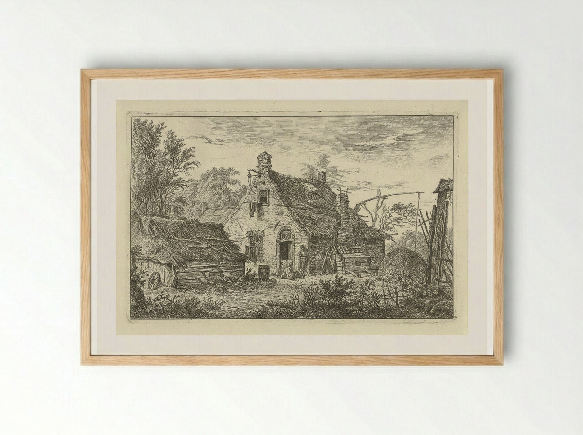 Boerderij met staande man en zittende vrouw - Hermanus Fock - Framed Print Wood