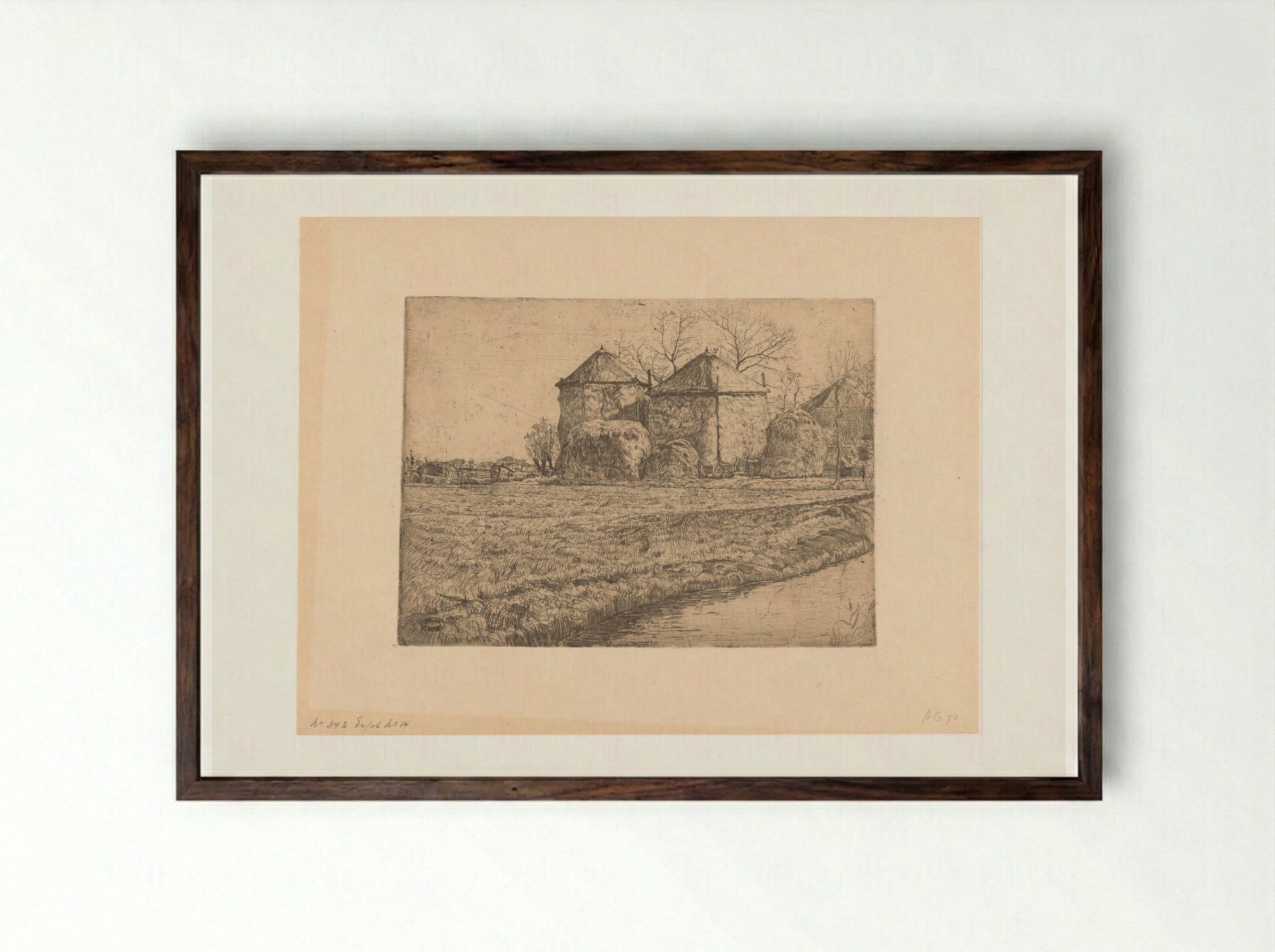 Boerderij met twee hooischuren - Pieter Dupont - Framed Print Dark Wood