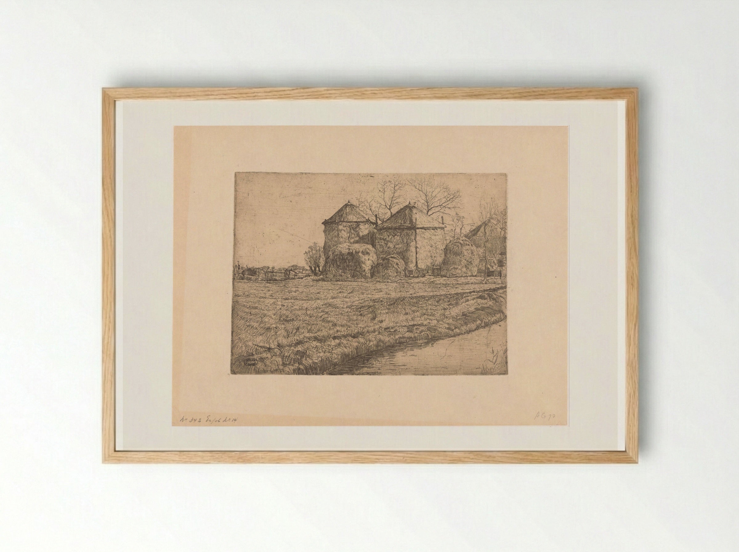 Boerderij met twee hooischuren - Pieter Dupont - Framed Print Wood