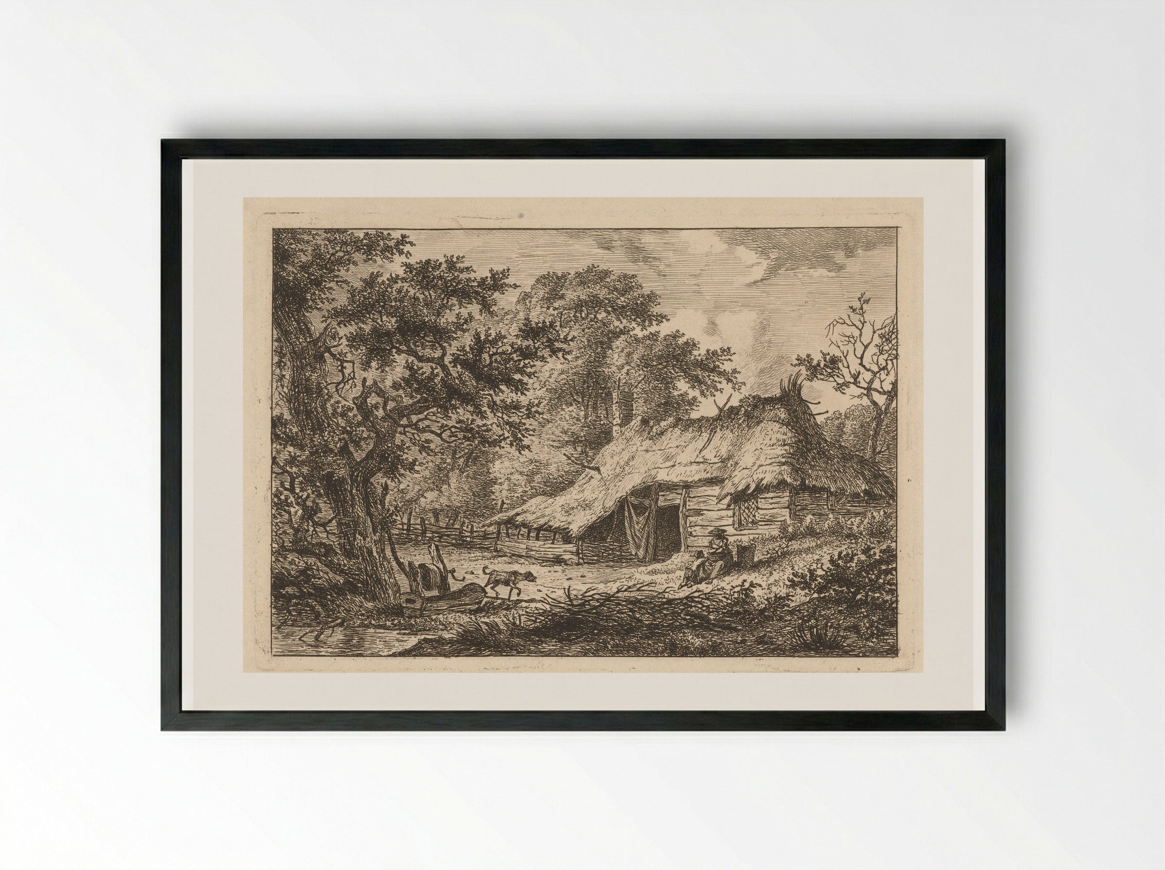 Boerderij met vrouw, kind en hond - Hermanus Fock - Framed Print Black