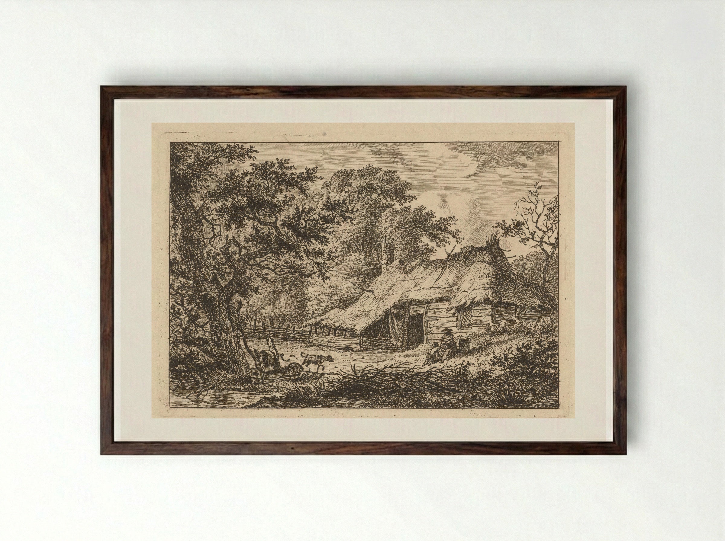 Boerderij met vrouw, kind en hond - Hermanus Fock - Framed Print Dark Wood