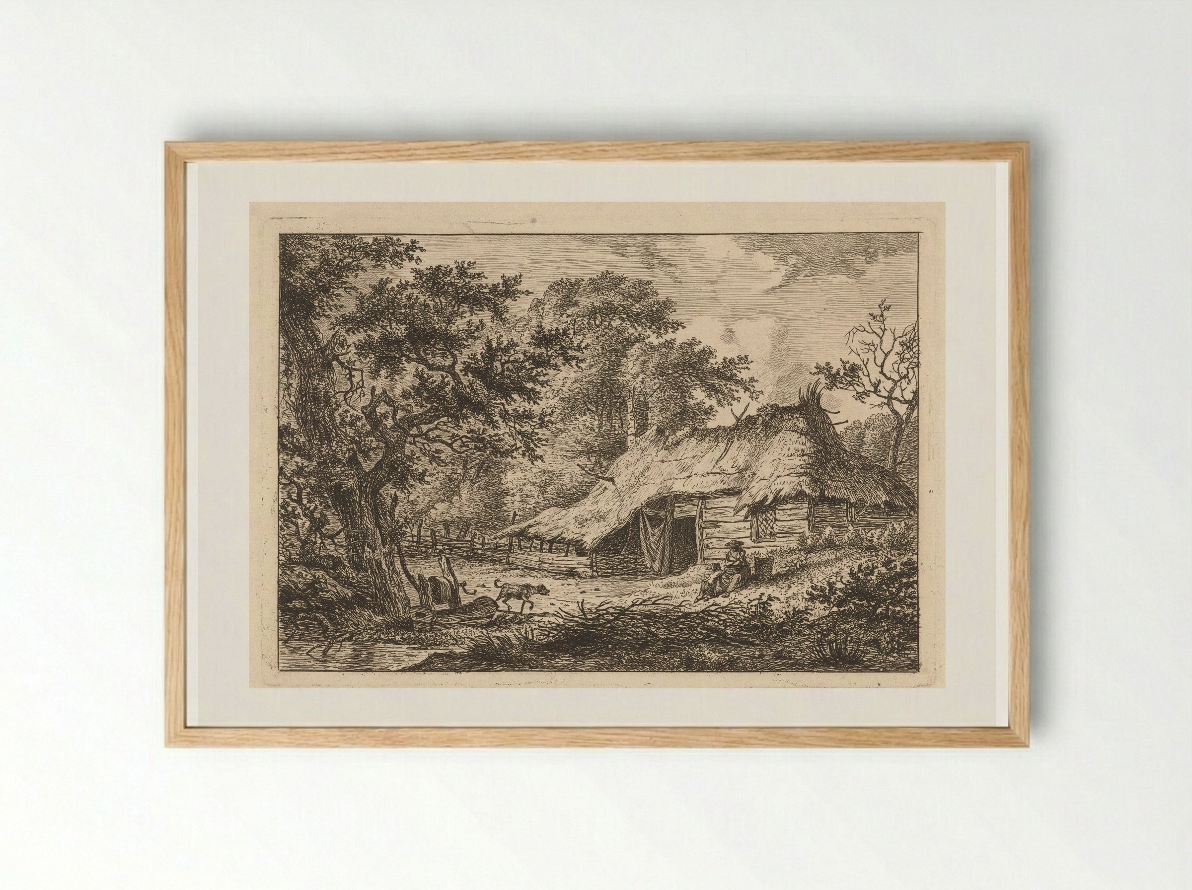Boerderij met vrouw, kind en hond - Hermanus Fock - Framed Print Wood