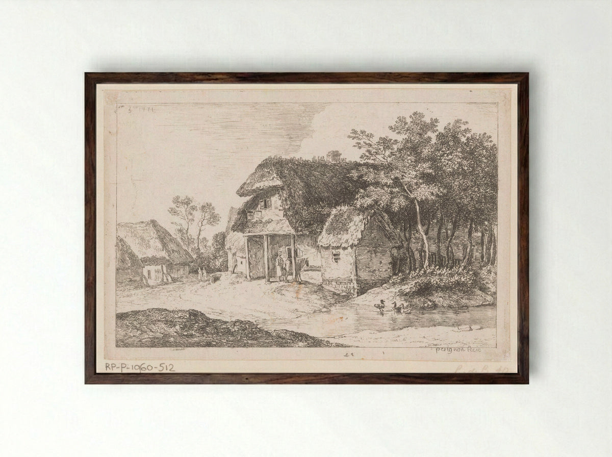Boerderijen en water met eenden - Alexis Nicolas Pérignon - Framed Print Dark Wood