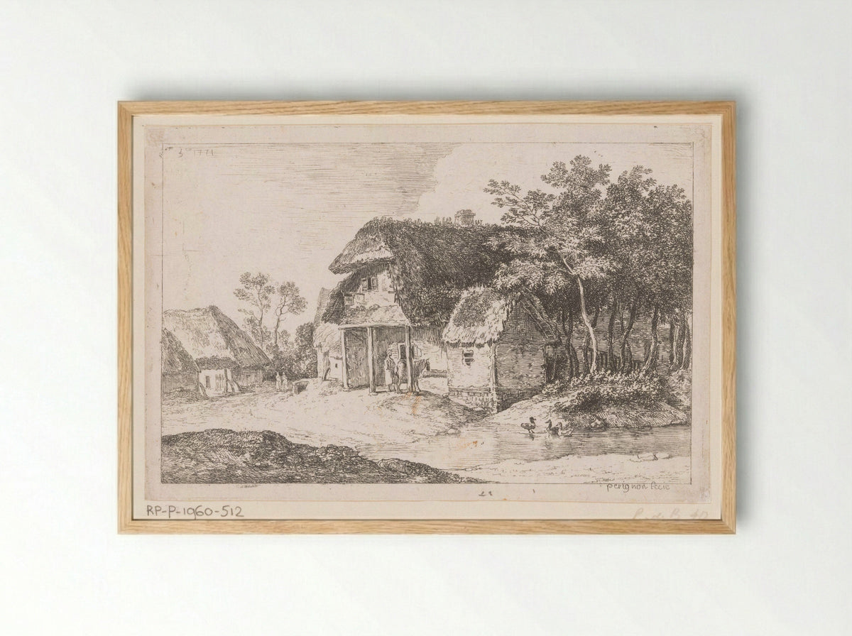 Boerderijen en water met eenden - Alexis Nicolas Pérignon - Framed Print Wood