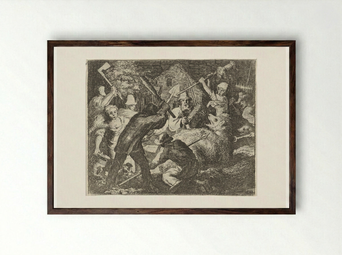 Boeren vallen Bruun de beer aan - Allaert van Everdingen - Framed Print Dark Wood