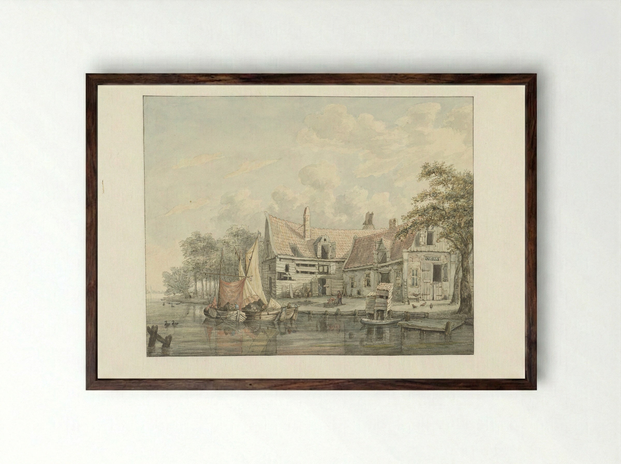 Boerenerf aan het water - Gerrit Hulseboom - Framed Print Dark Wood