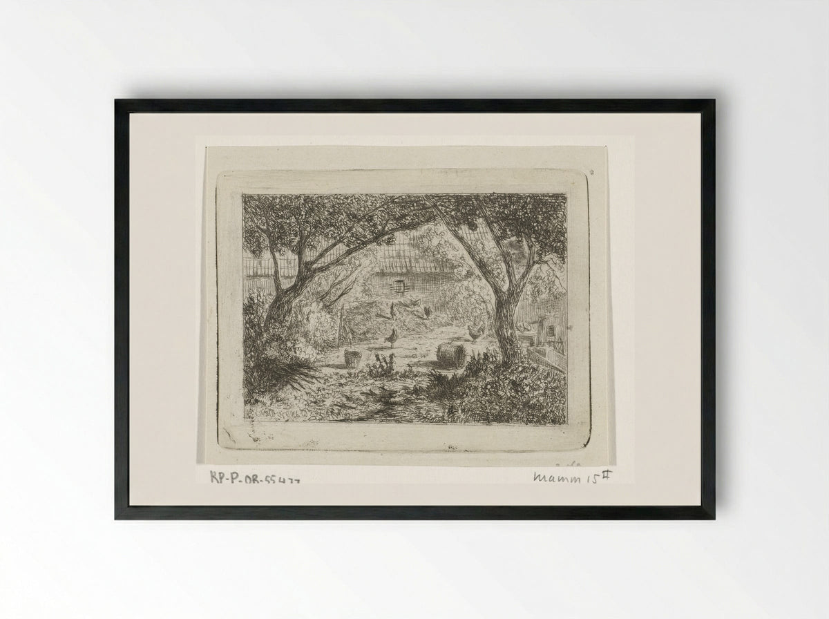 Boerenerf met kippen (Farmyard with Chickens) - Joseph Hartogensis - Framed Print Black