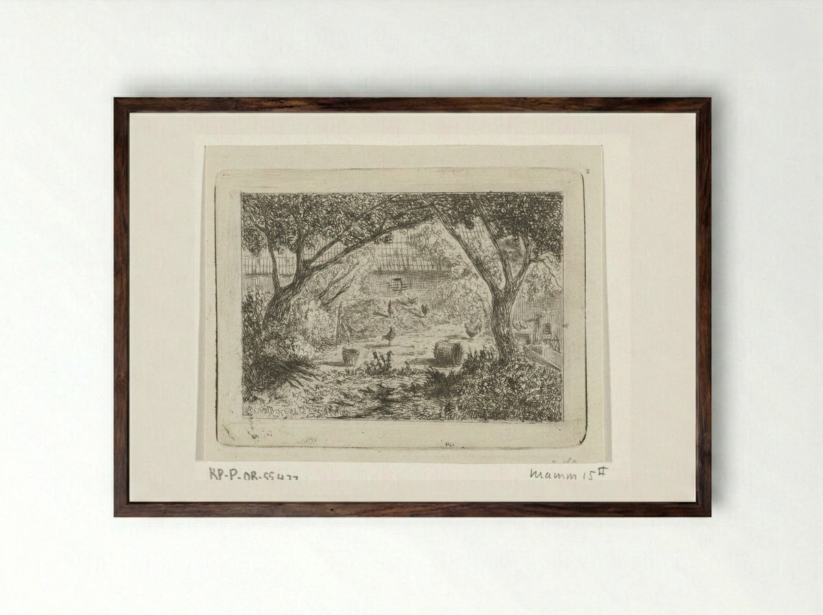 Boerenerf met kippen (Farmyard with Chickens) - Joseph Hartogensis - Framed Print Dark Wood