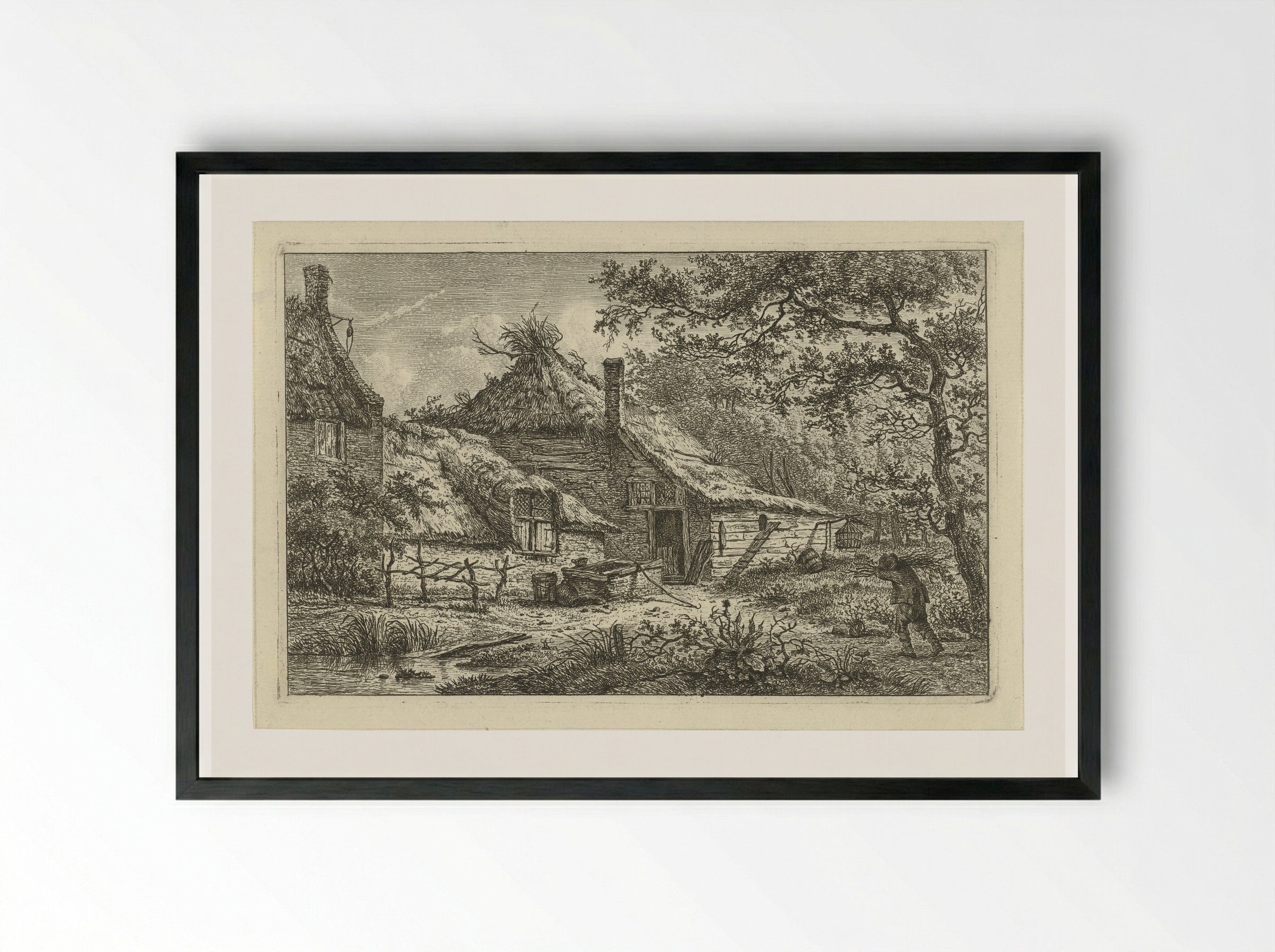 Boerenerf met man met sprokkelhout - Hermanus Fock - Framed Print Black