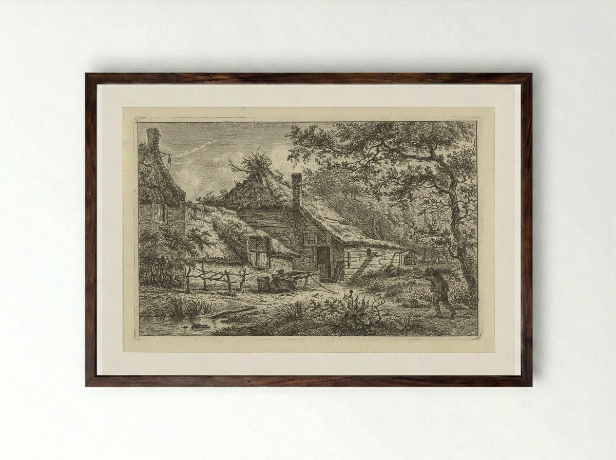 Boerenerf met man met sprokkelhout - Hermanus Fock - Framed Print Dark Wood