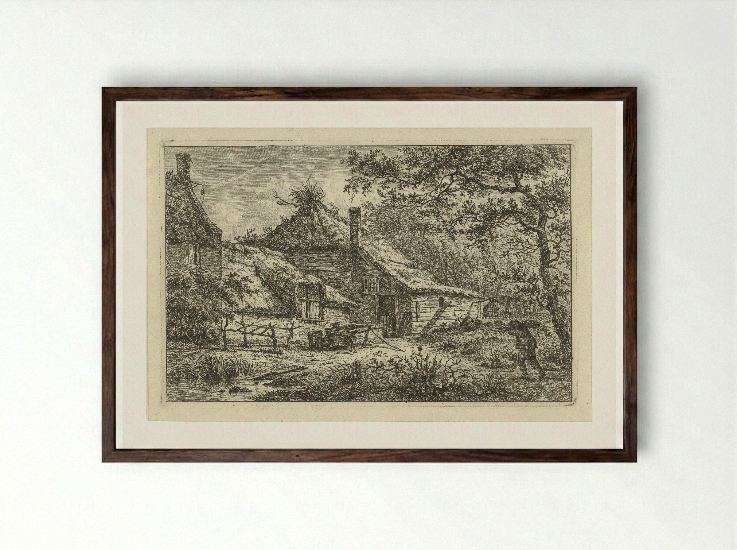 Boerenerf met man met sprokkelhout - Hermanus Fock - Framed Print Dark Wood