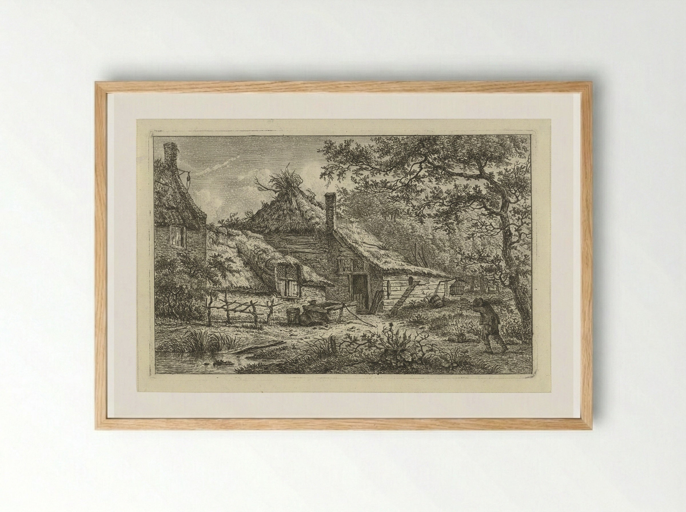 Boerenerf met man met sprokkelhout - Hermanus Fock - Framed Print Wood