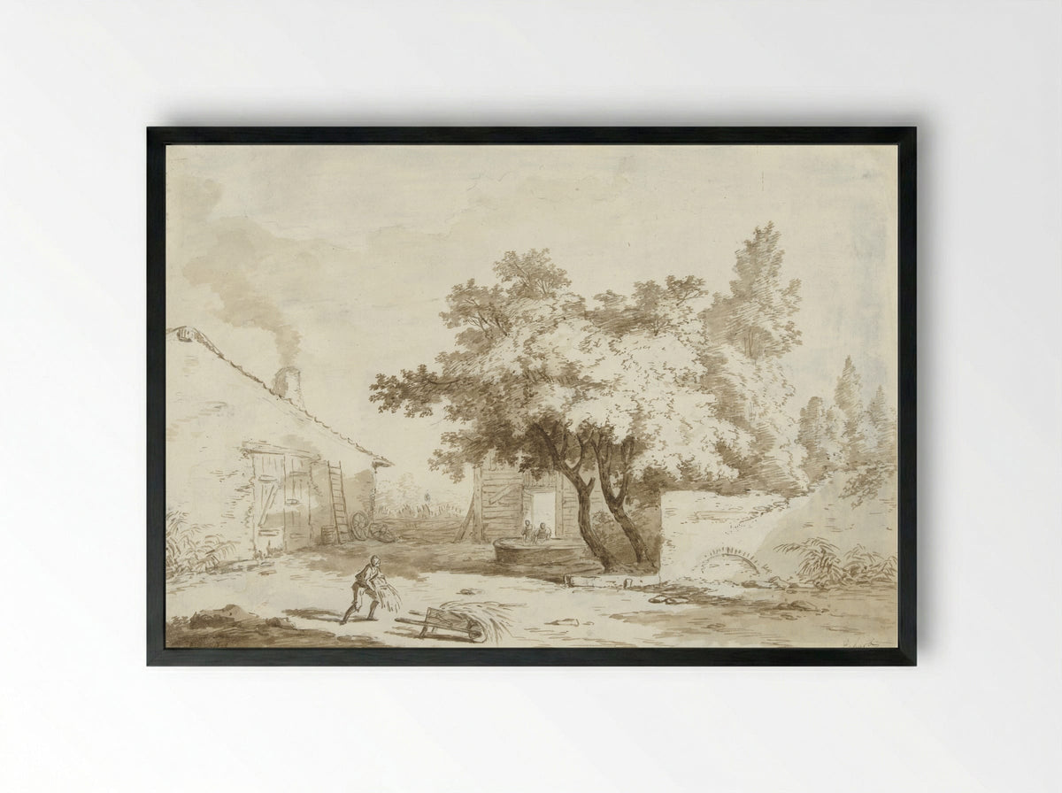 Boerenhoeve met grote bomen en mensen - Charles Echard - Framed Print Black