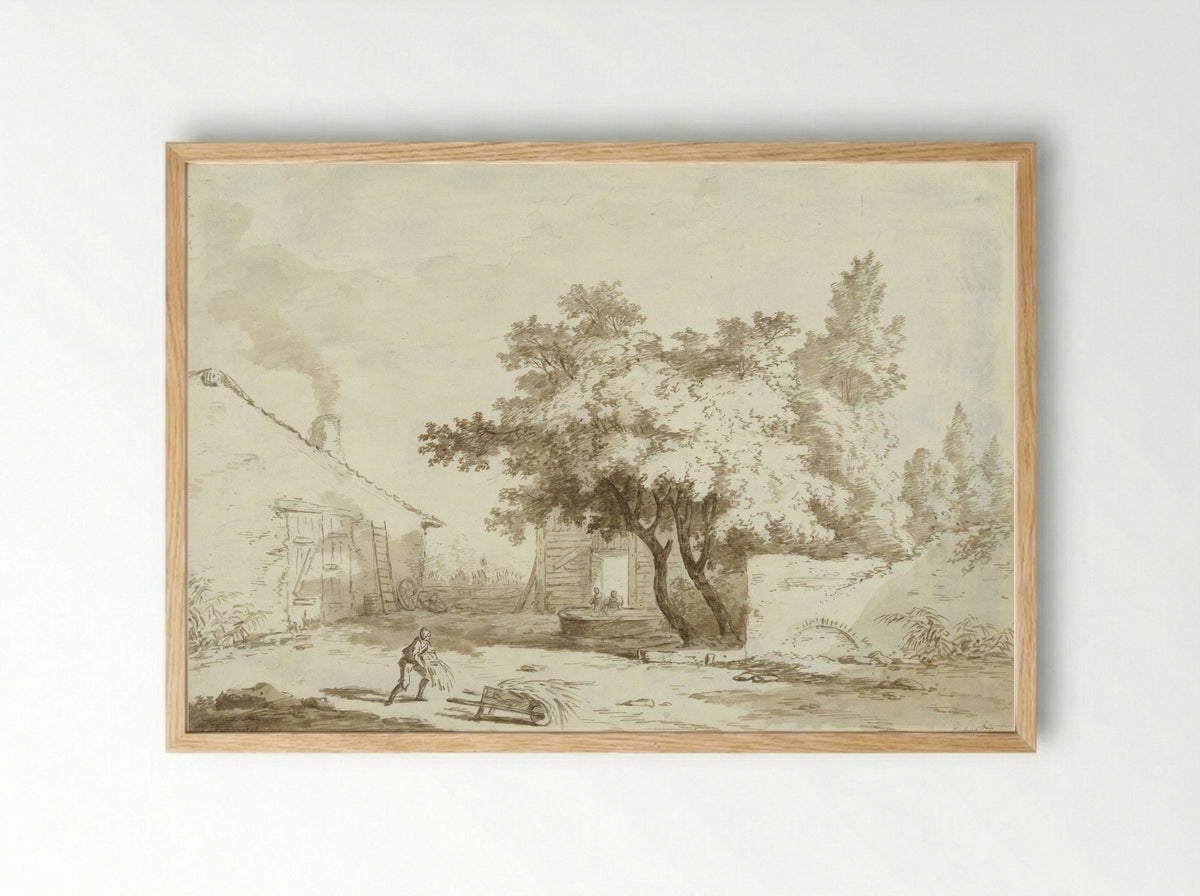 Boerenhoeve met grote bomen en mensen - Charles Echard - Framed Print Wood