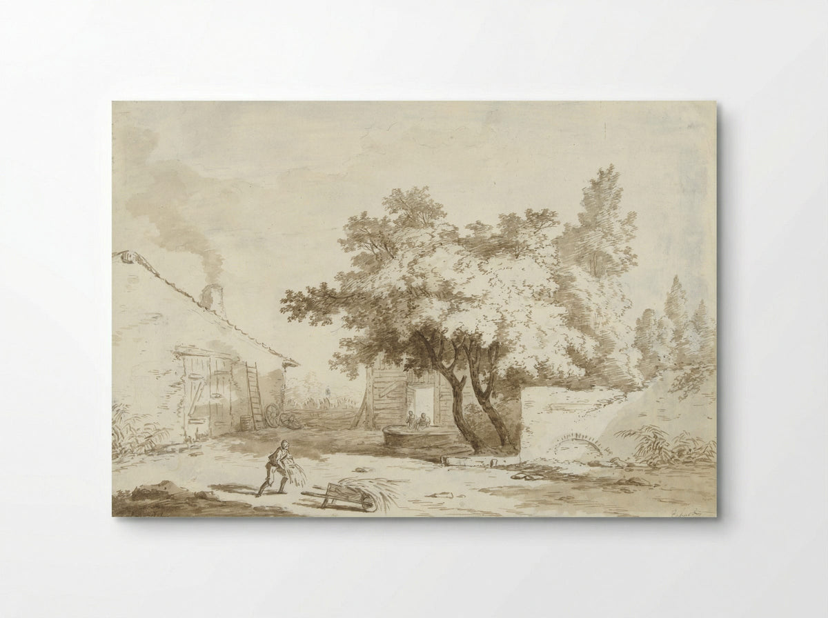 Boerenhoeve met grote bomen en mensen - Charles Echard - Poster