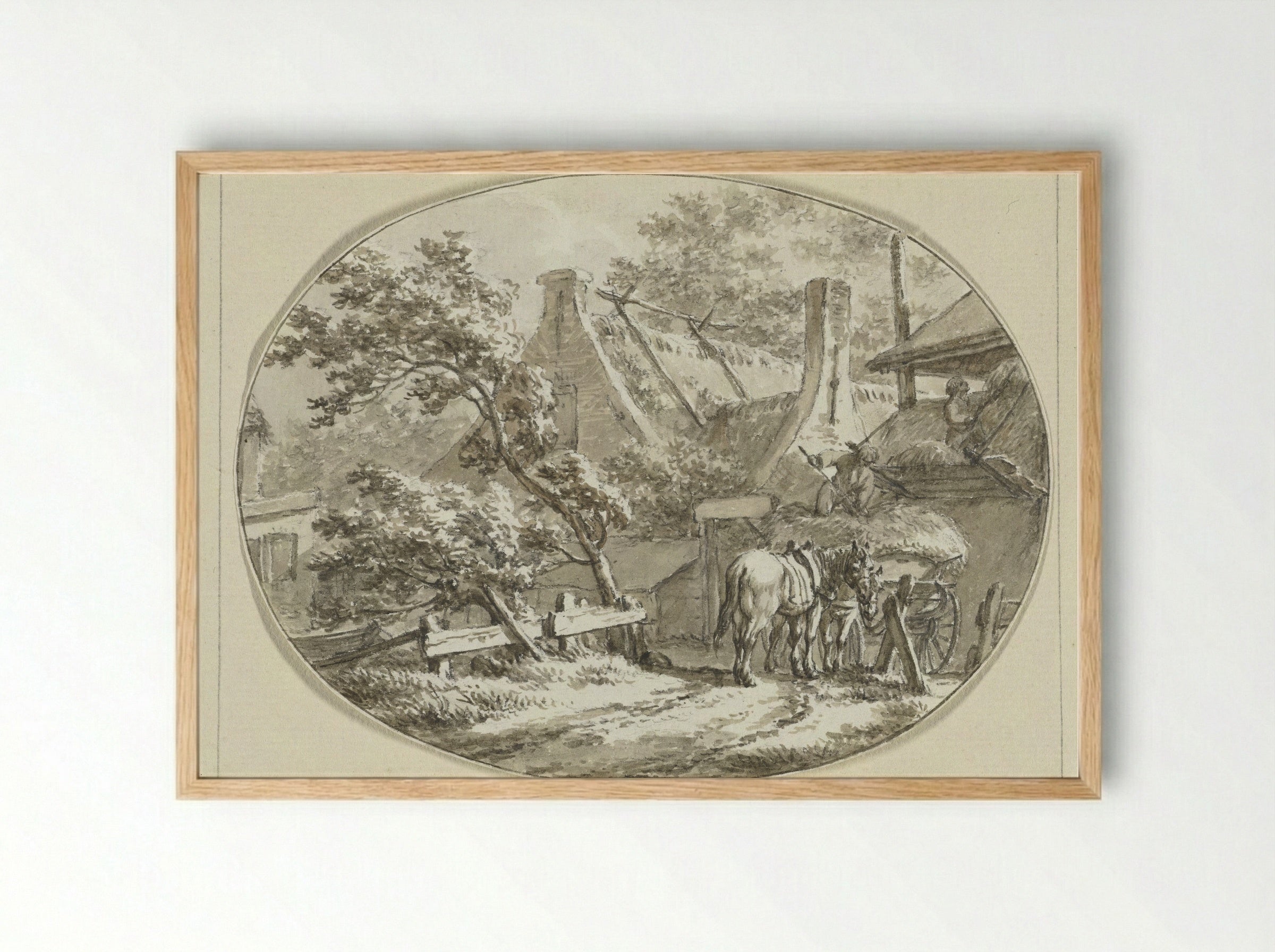 Boerenhuis met landlieden bij hooiwagen en hooiberg - Jacob Cats - Framed Print Wood