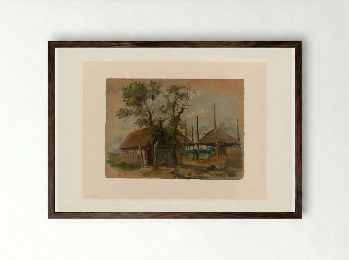 Boerenhuis met twee hooibergen - Jan Weissenbruch - Framed Print Dark Wood