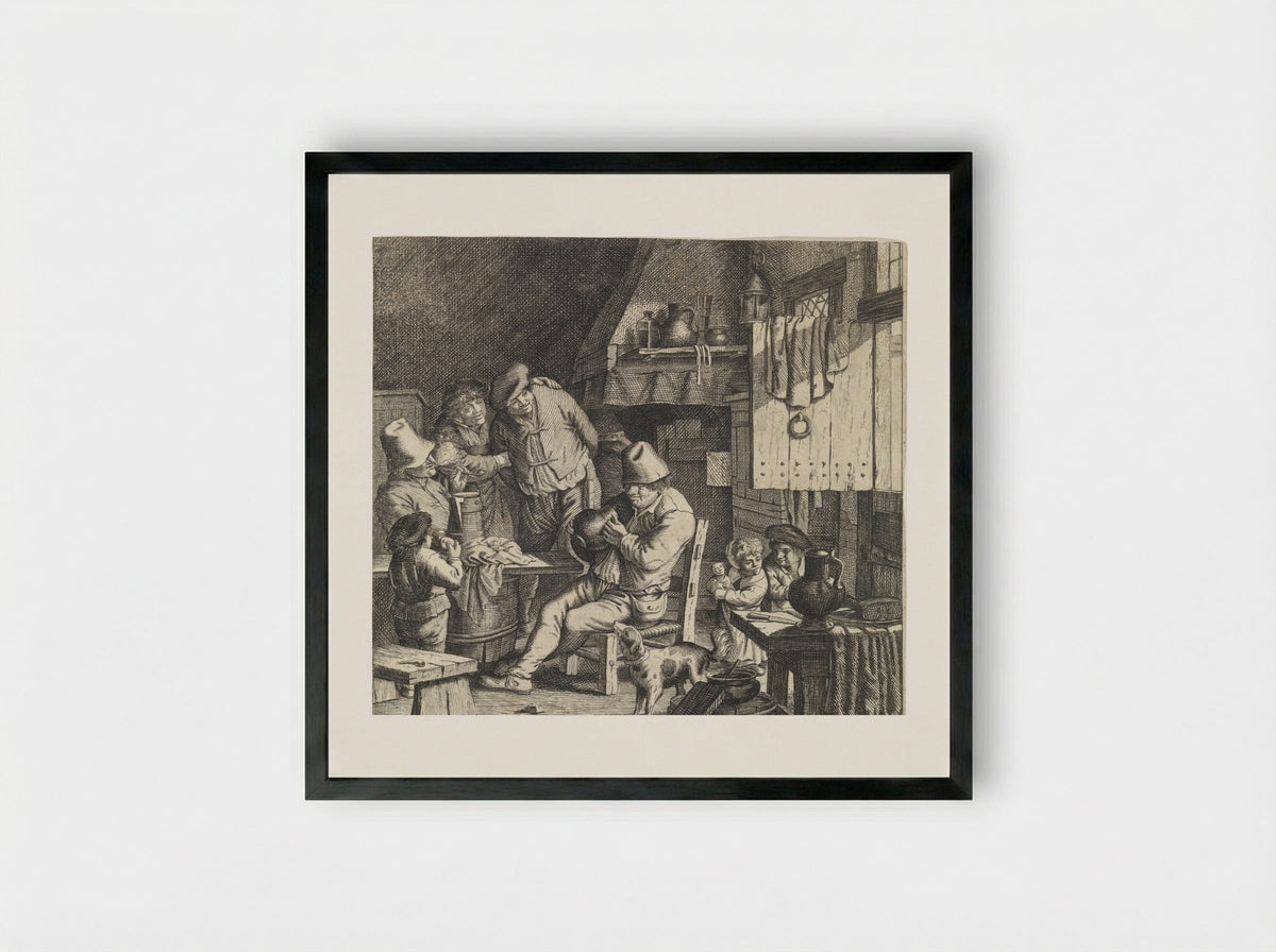 Boereninterieur met een boer met een kruik in handen - Justus van den Nijpoort - Framed Print Black