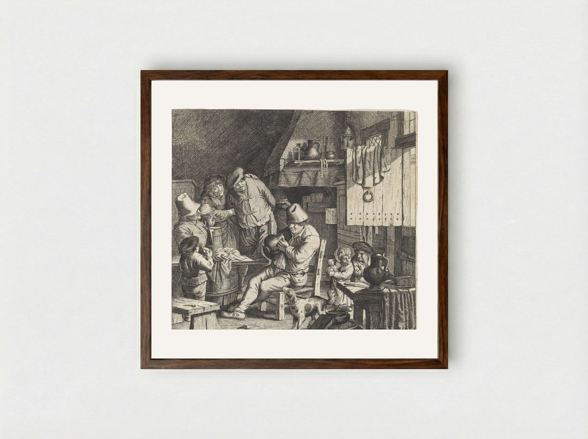 Boereninterieur met een boer met een kruik in handen - Justus van den Nijpoort - Framed Print Dark Wood