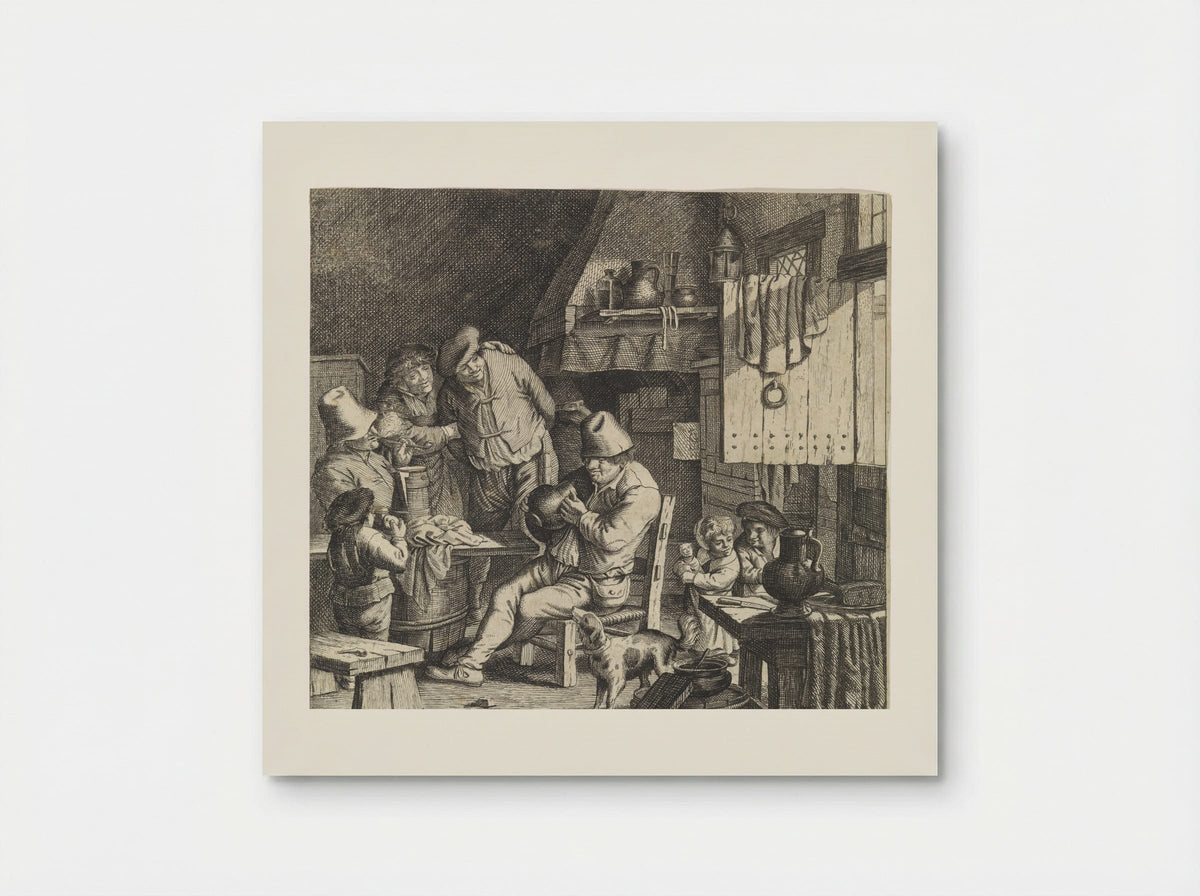 Boereninterieur met een boer met een kruik in handen - Justus van den Nijpoort - Poster