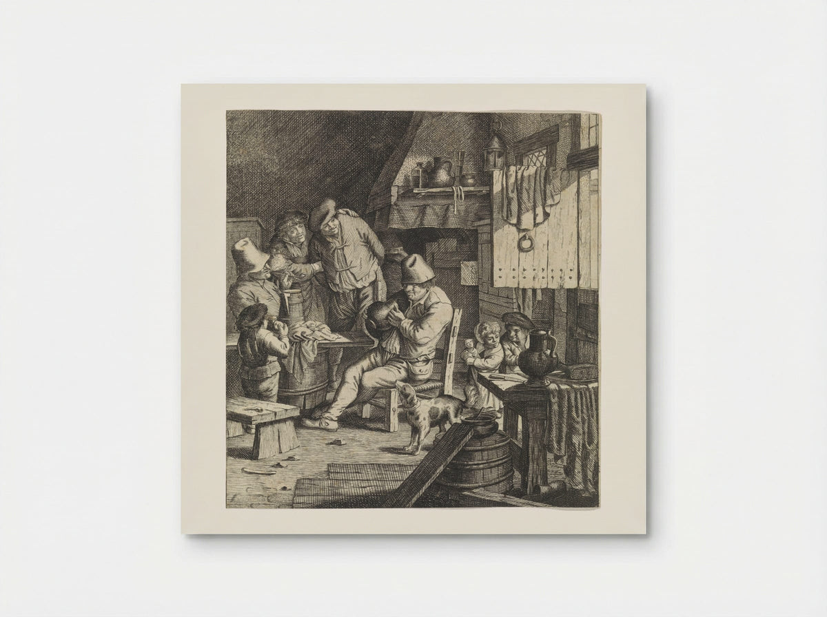 Boereninterieur met een boer met een kruik in handen - Justus van den Nijpoort - Poster