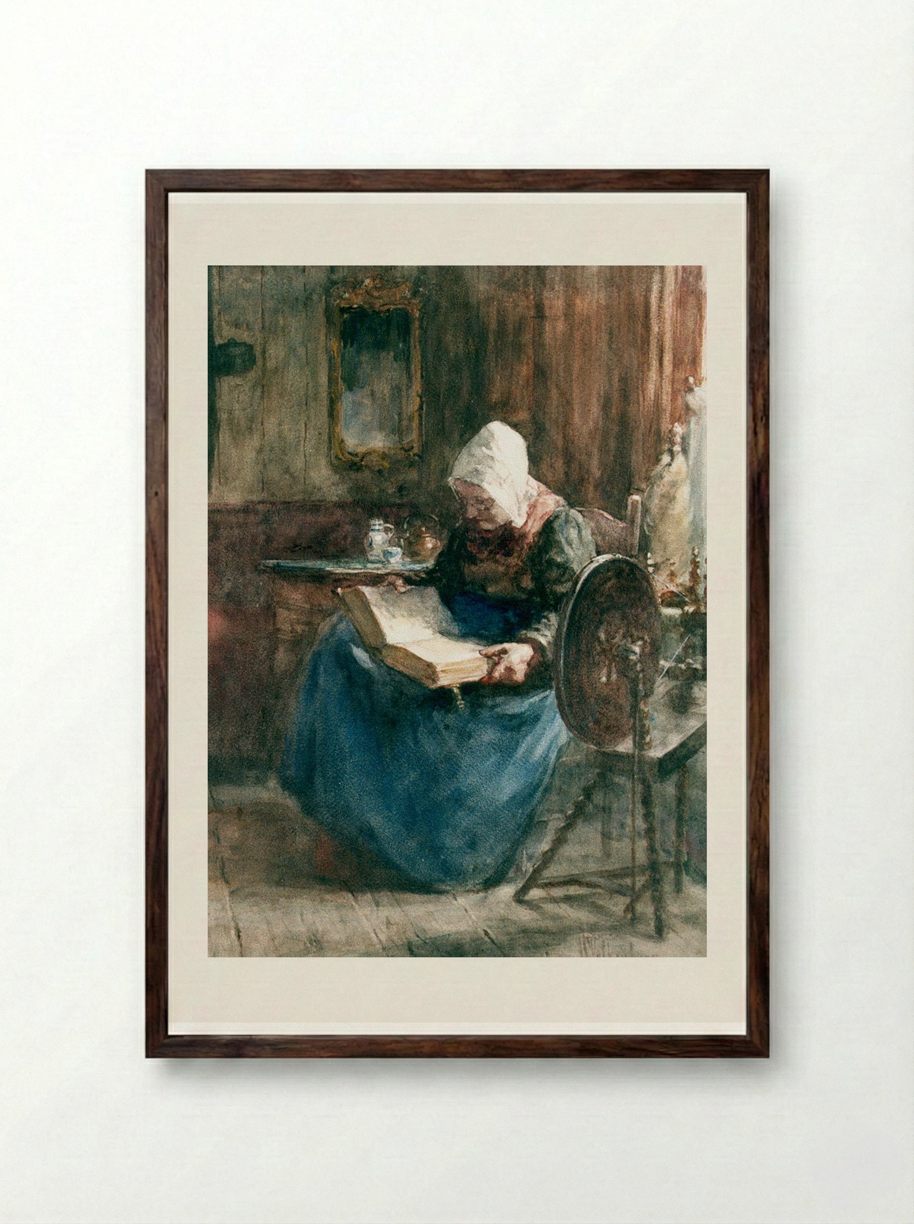 Boereninterieur met zittende oude vrouw - Hendrik Valkenburg - Framed Print Dark Wood