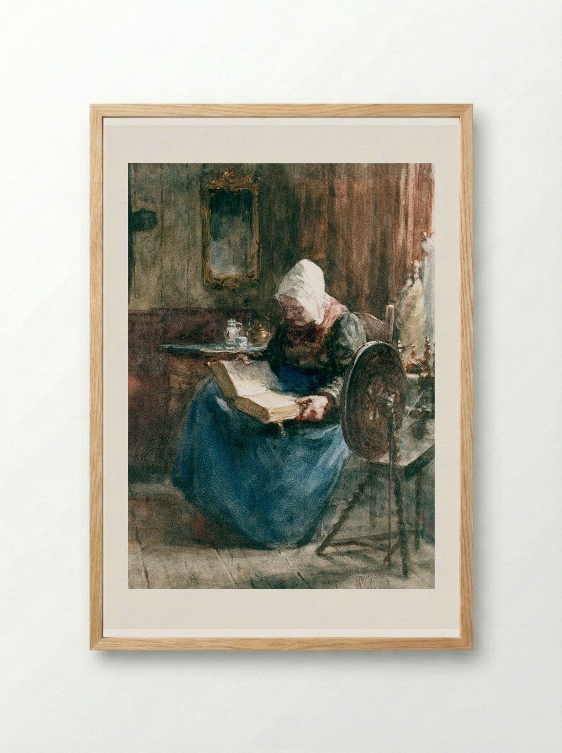 Boereninterieur met zittende oude vrouw - Hendrik Valkenburg - Framed Print Wood