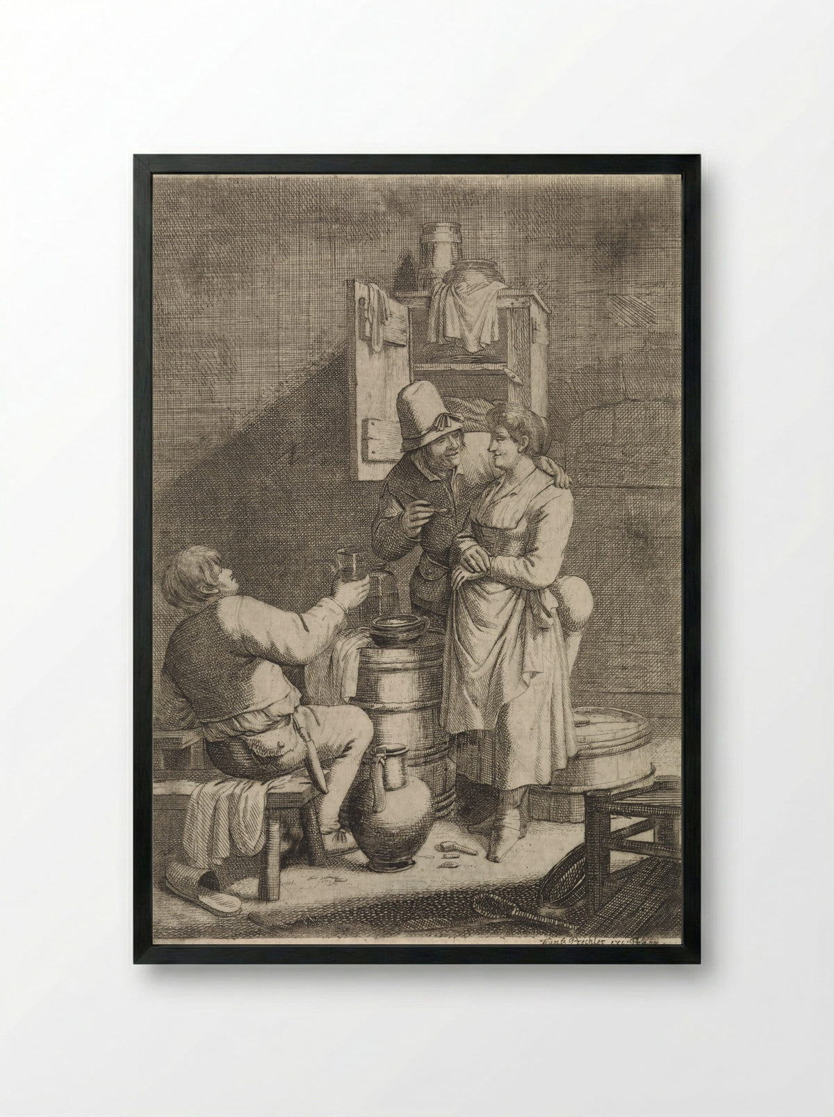 Boerenpaar en een man met een glas - Justus van den Nijpoort - Framed Print Black