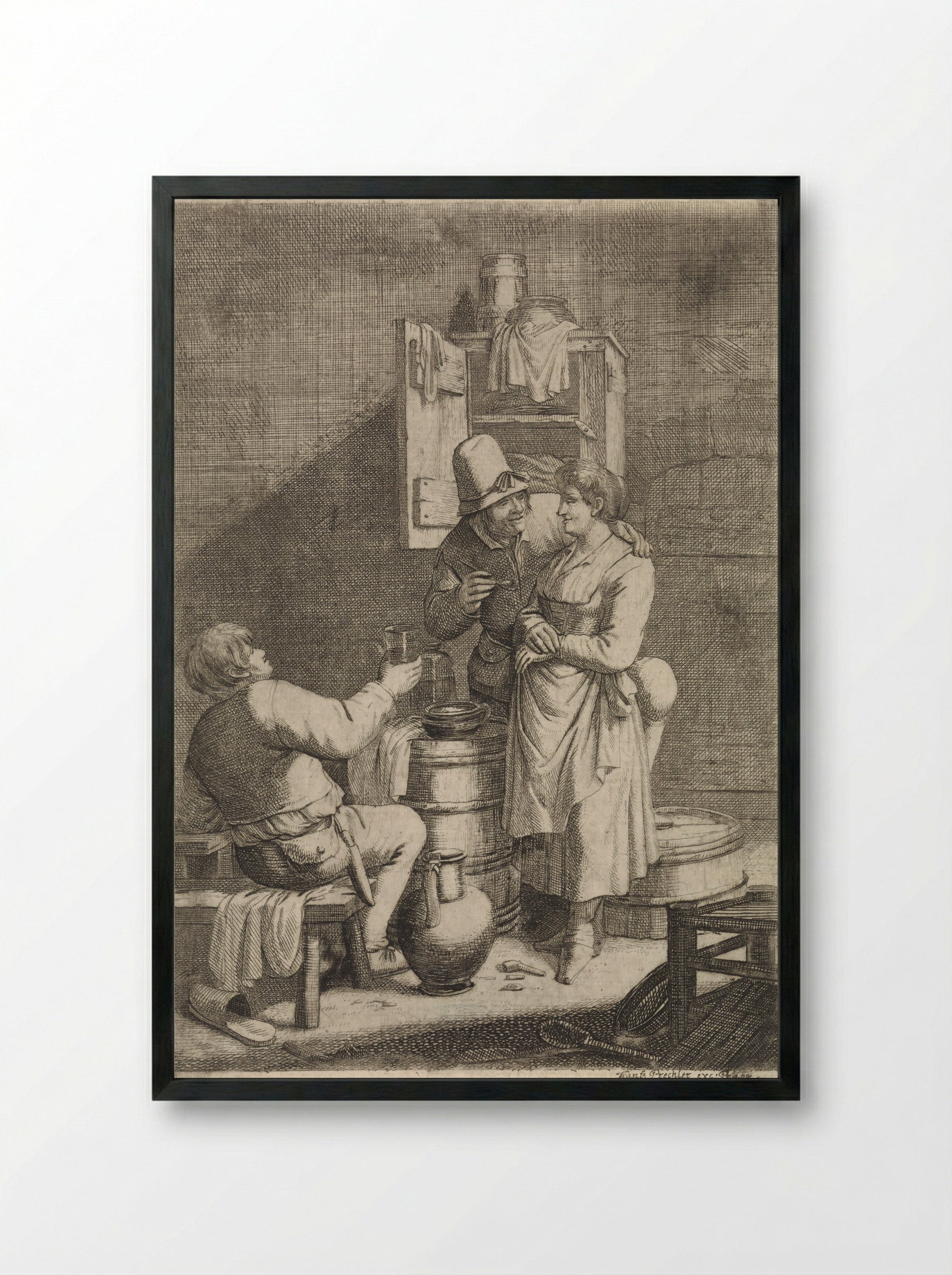 Boerenpaar en een man met een glas - Justus van den Nijpoort - Framed Print Black