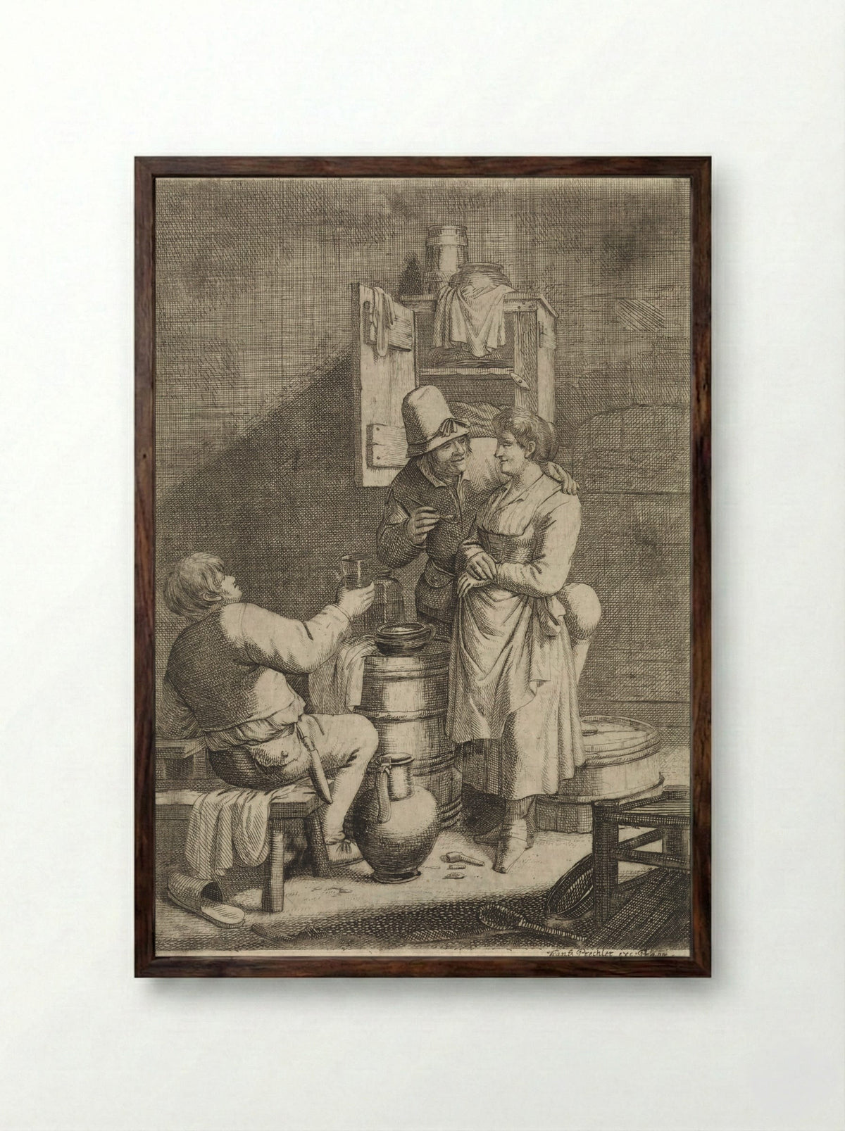 Boerenpaar en een man met een glas - Justus van den Nijpoort - Framed Print Dark Wood
