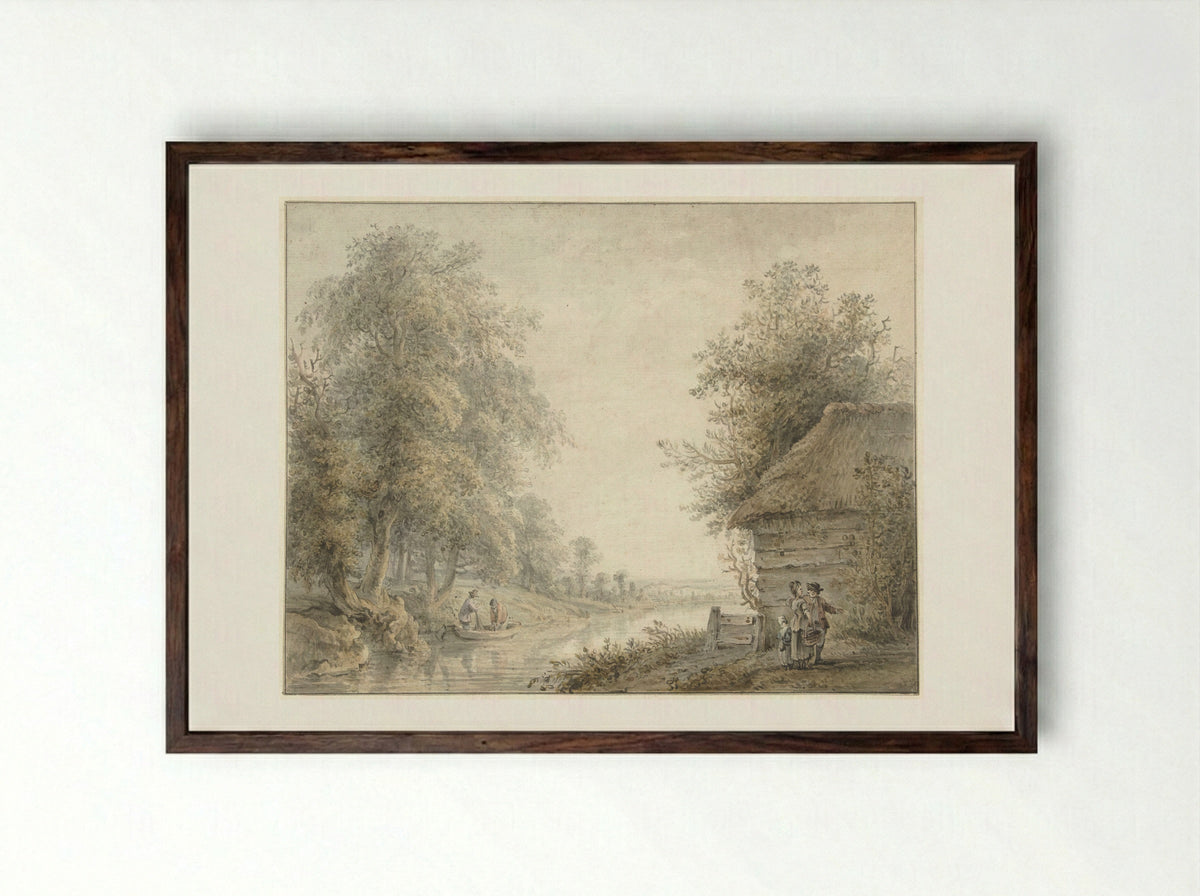 Boerenschuur bij een vaart aan een boszoom - Jacobus Versteegen - Framed Print Dark Wood