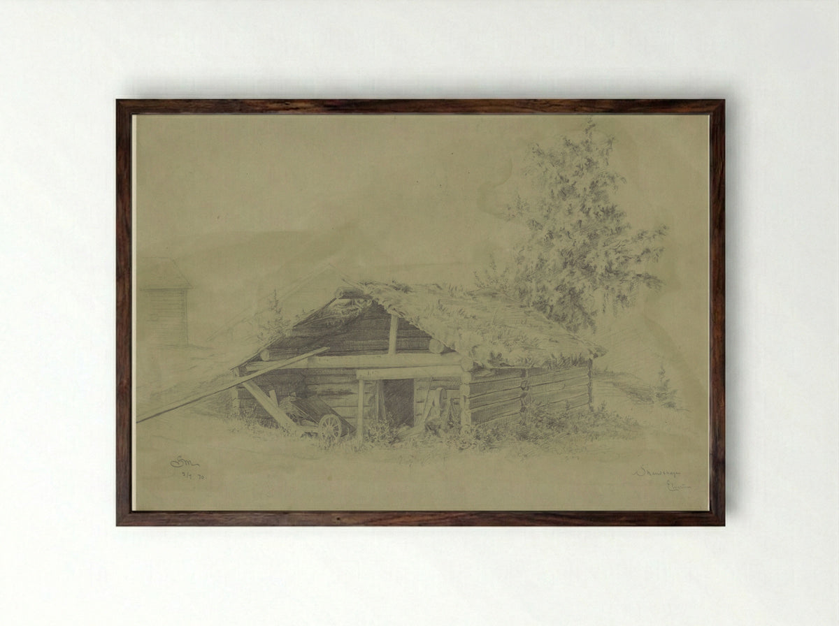 Boerenschuur te Skandshagen - Gerhard Munthe - Framed Print Dark Wood