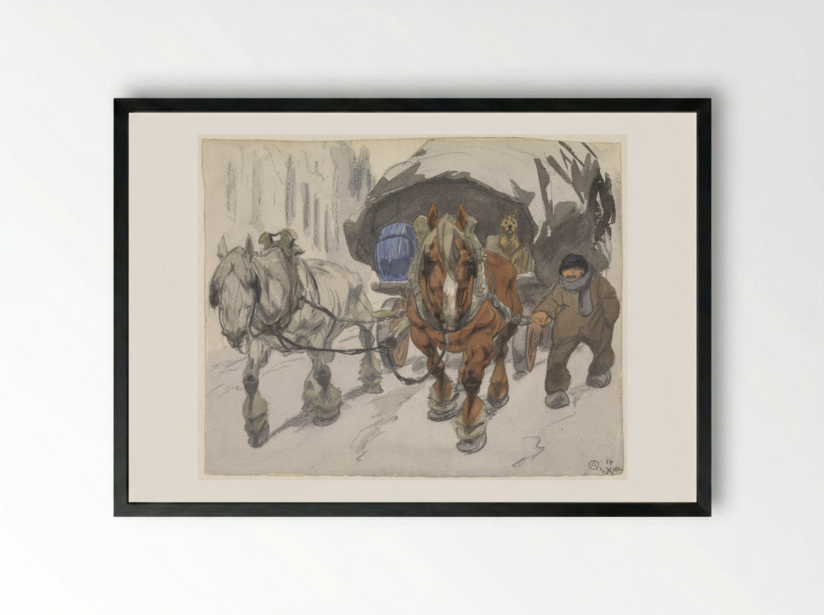 Boerenwagen met twee paarden ervoor - Alfred Ost - Framed Print Black