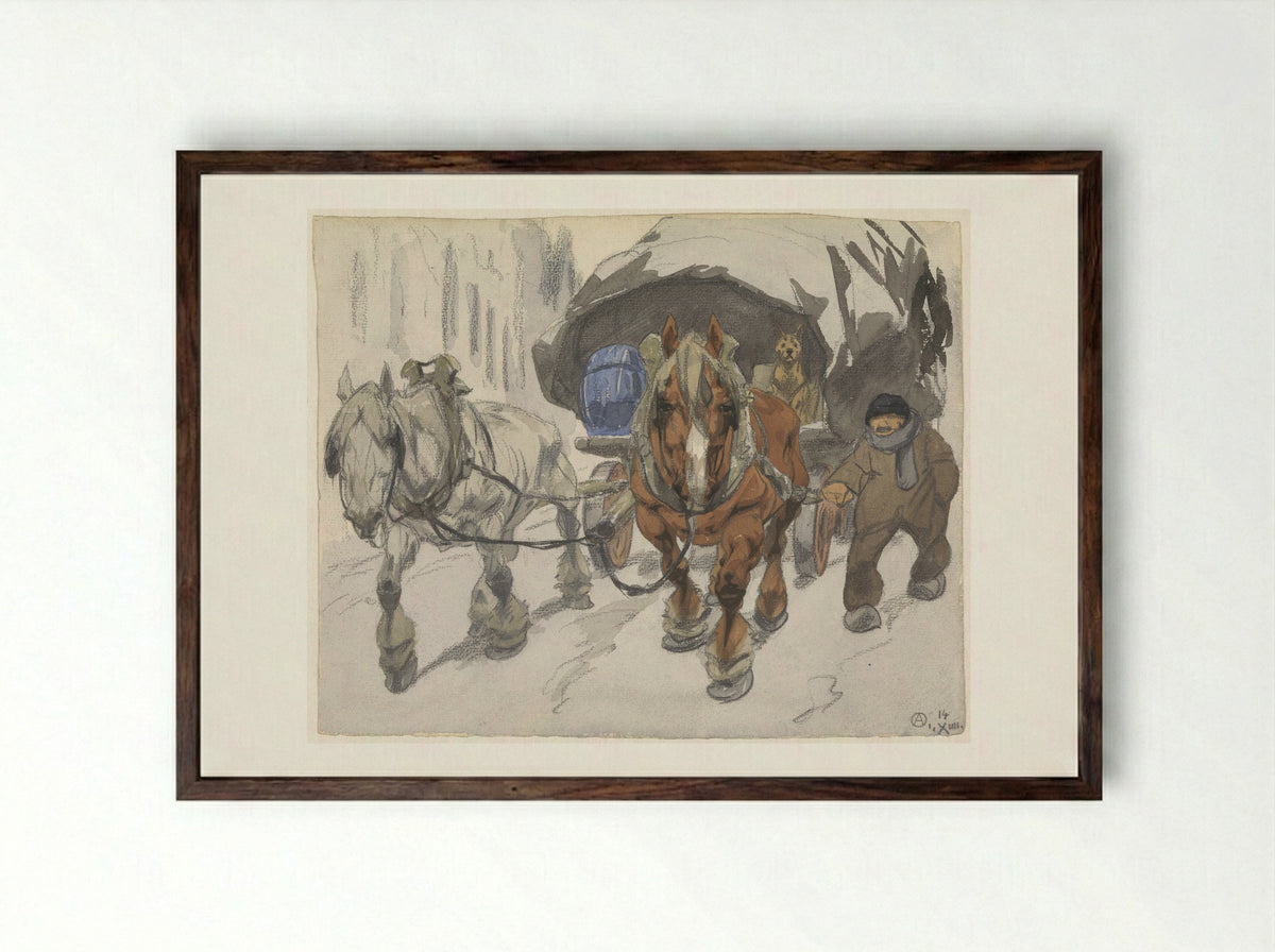 Boerenwagen met twee paarden ervoor - Alfred Ost - Framed Print Dark Wood