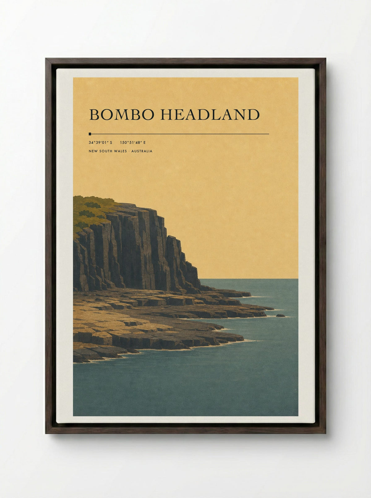 Bombo Headland Travel Poster Artwork - Framed Canvas Dark Wood