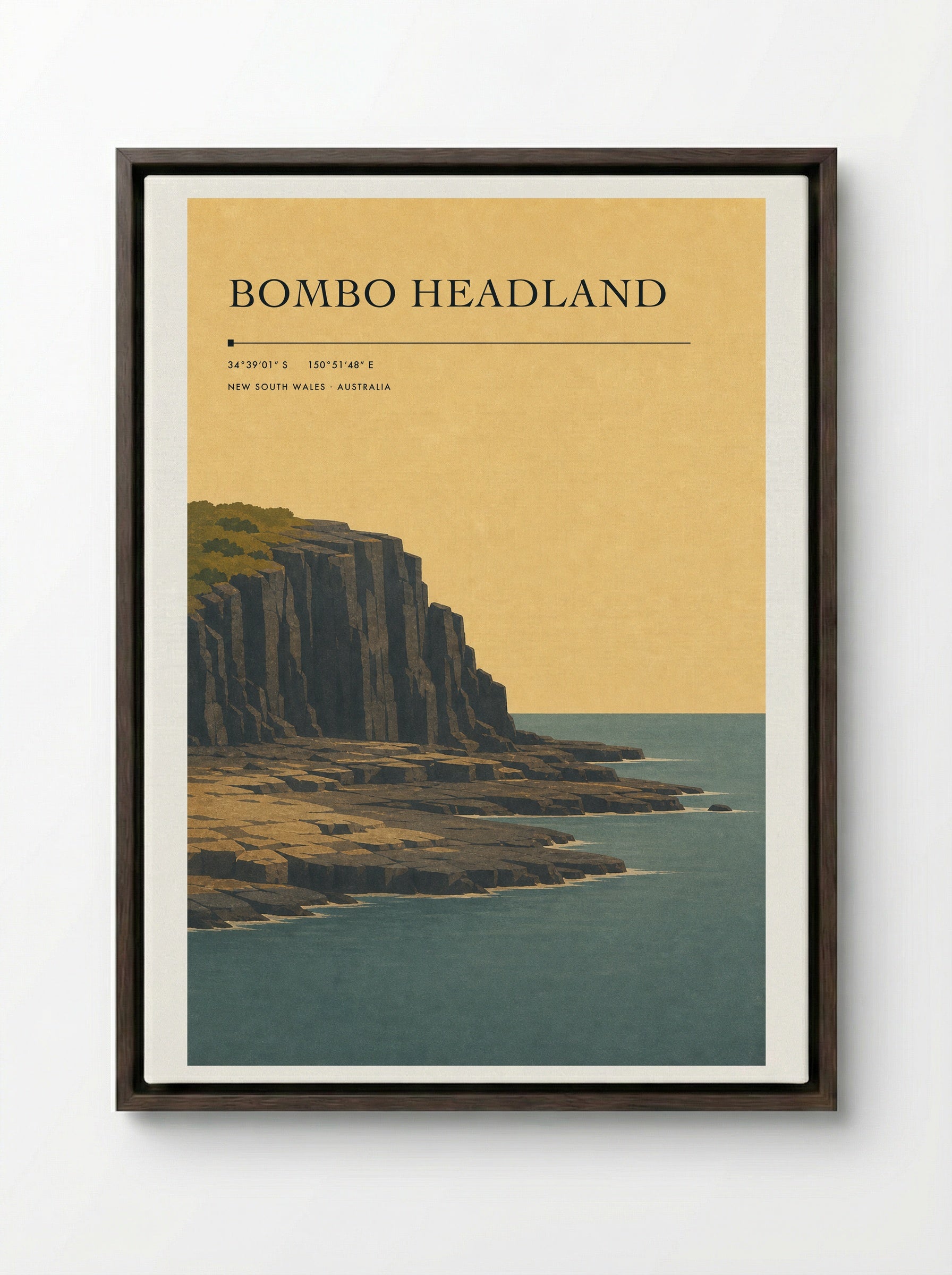 Bombo Headland Travel Poster Artwork - Framed Canvas Dark Wood
