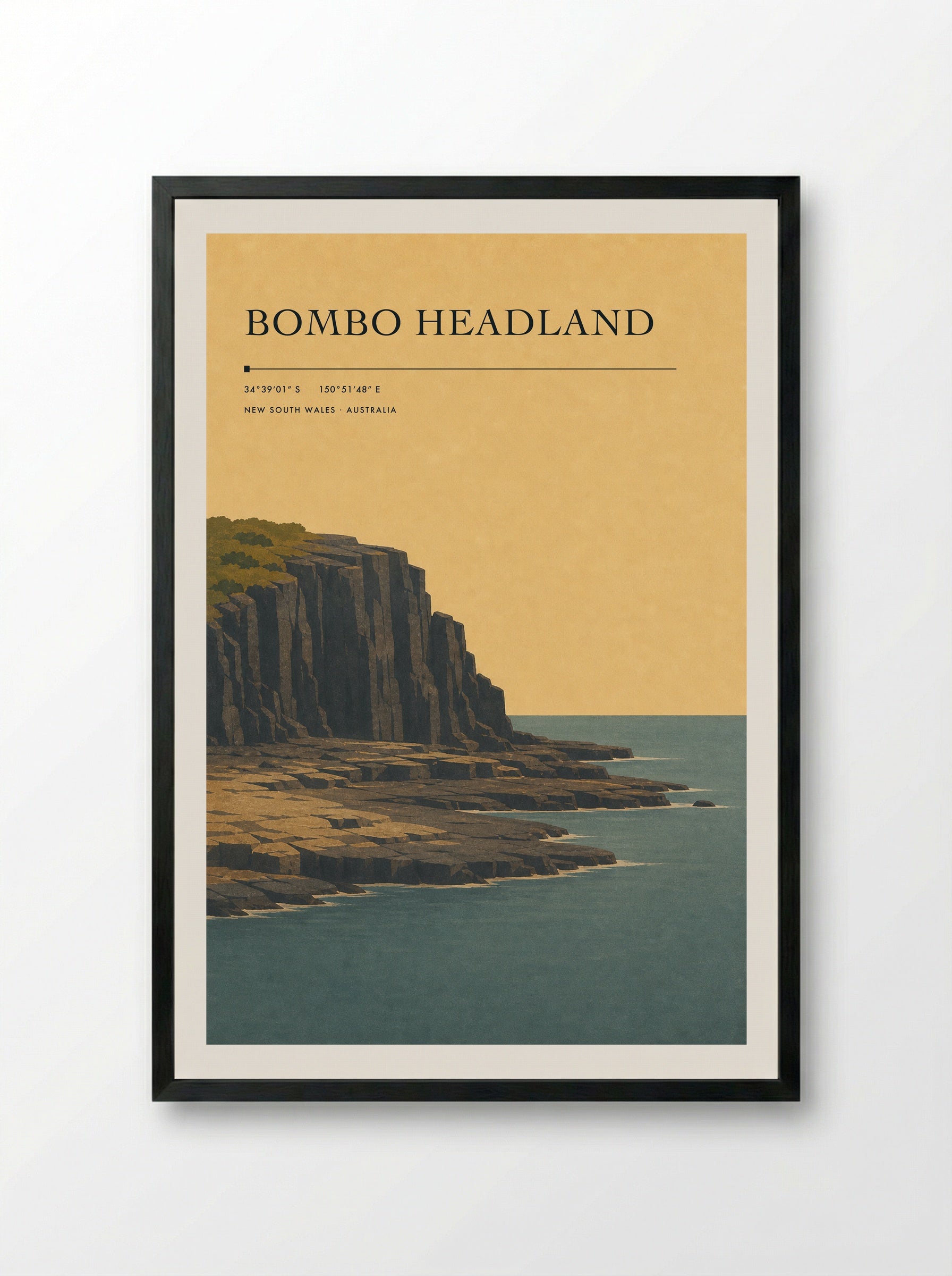Bombo Headland Travel Poster Artwork - Framed Print Black