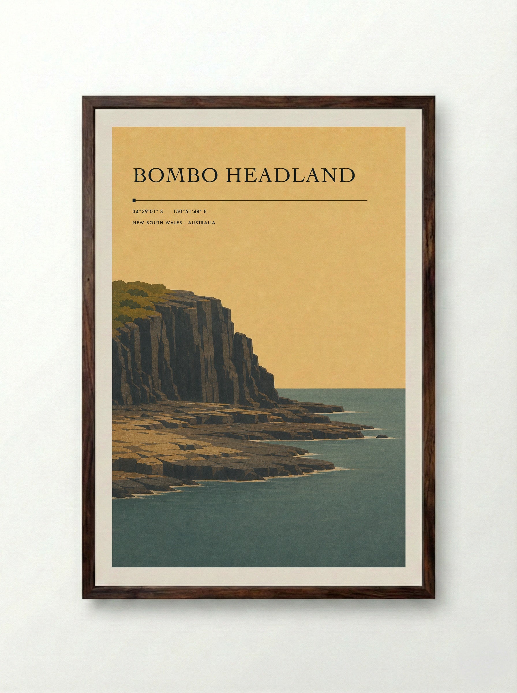 Bombo Headland Travel Poster Artwork - Framed Print Dark Wood
