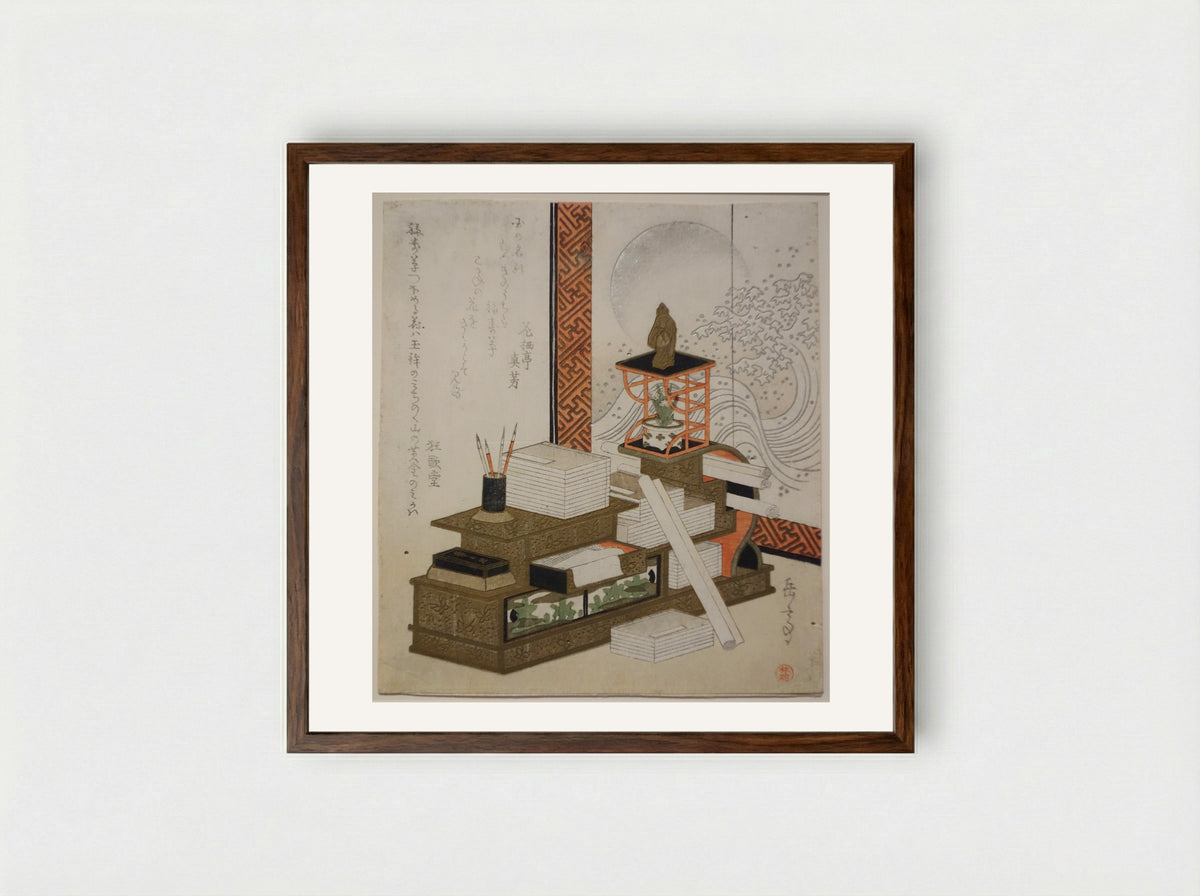 Bookcase with Writing Utensils, Books, and Potted Adonis - Yashima Gakutei - Framed Print Dark Wood
