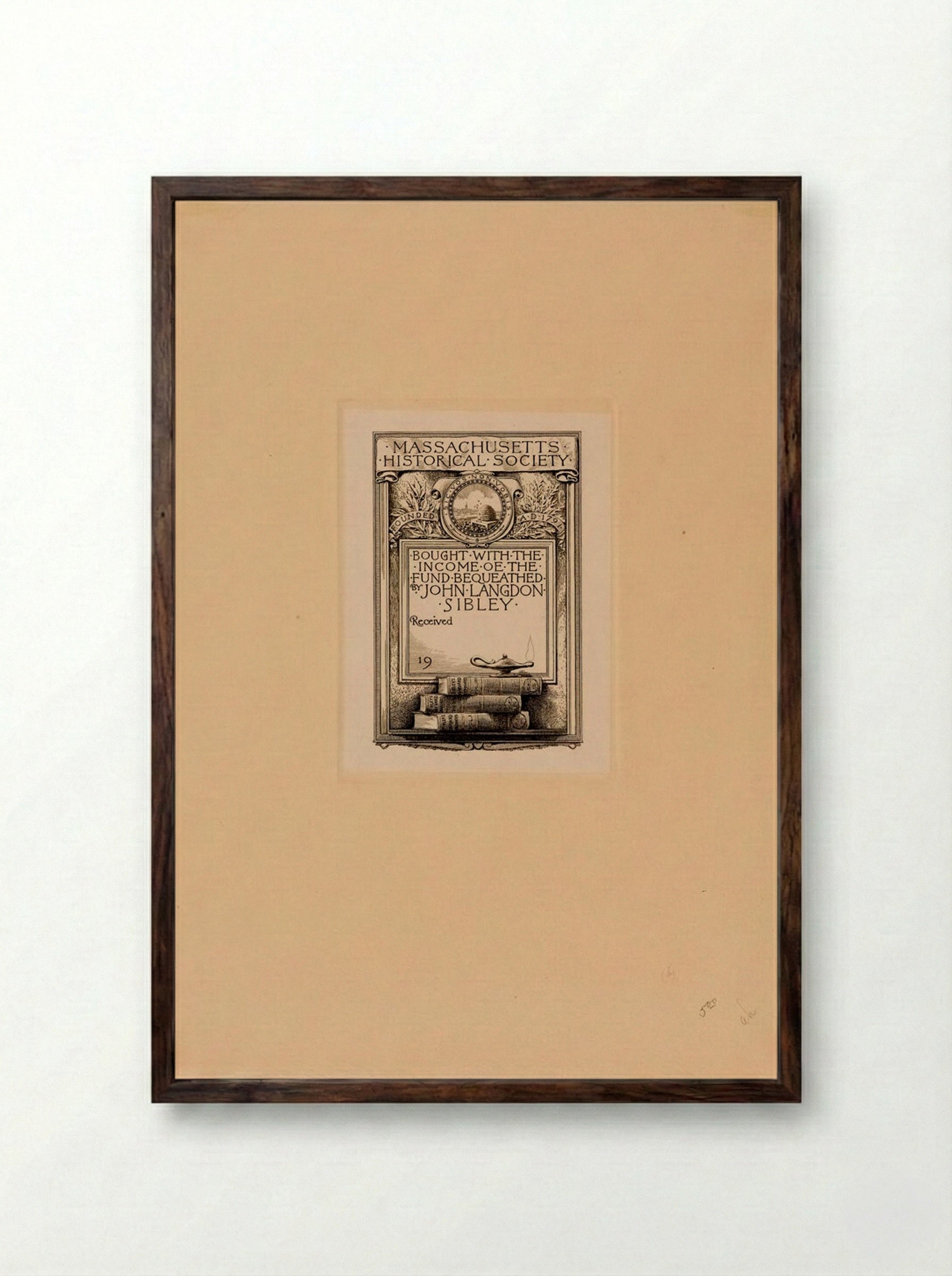 Bookplate of Massachusetts Historical Society, John Langdon Sibley Fund - Sidney L. Smith - Framed Print Dark Wood