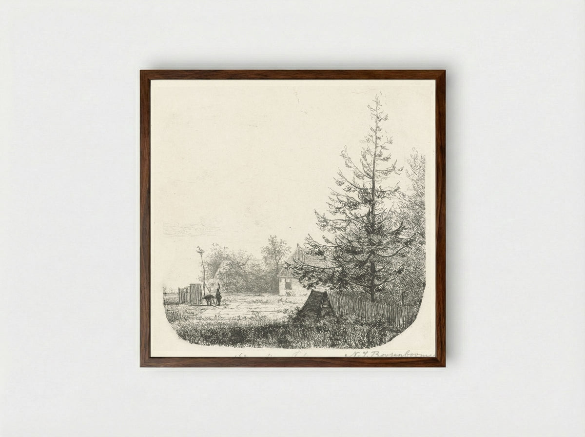 Boomrijk landschap met een ooievaarsnest - Nicolaas Johannes Roosenboom - Framed Print Dark Wood