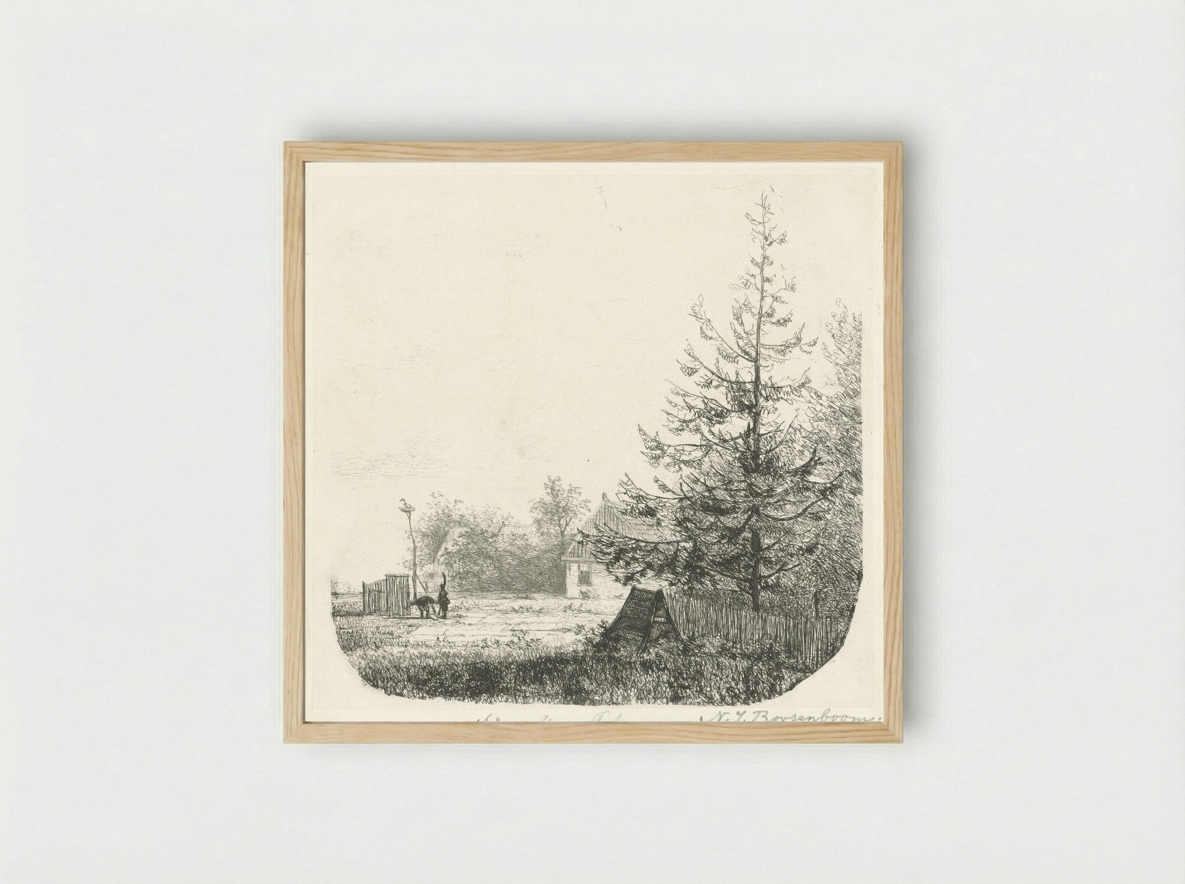 Boomrijk landschap met een ooievaarsnest - Nicolaas Johannes Roosenboom - Framed Print Wood