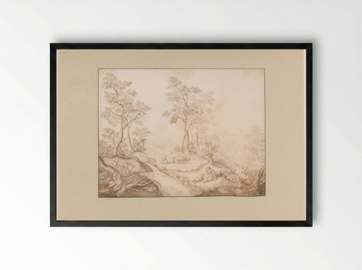 Boomrijk landschap met vrouw, man en een boer - Pieter de Porck - Framed Print Black