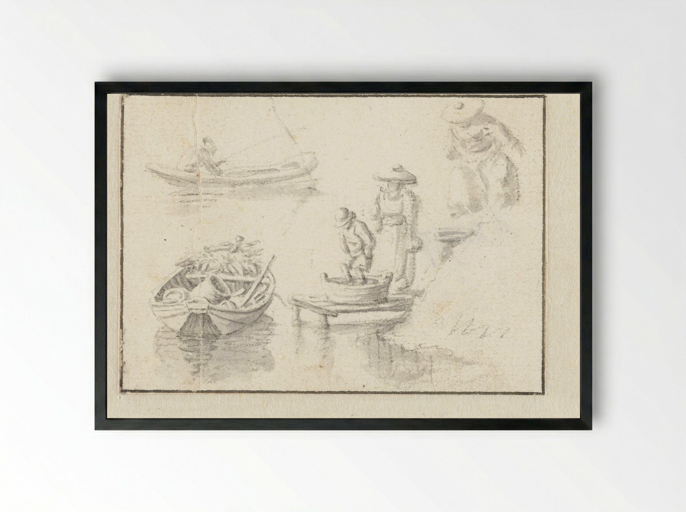 Bootje bij een steiger (Small Boat at a Jetty) - Herman Saftleven - Framed Print Black