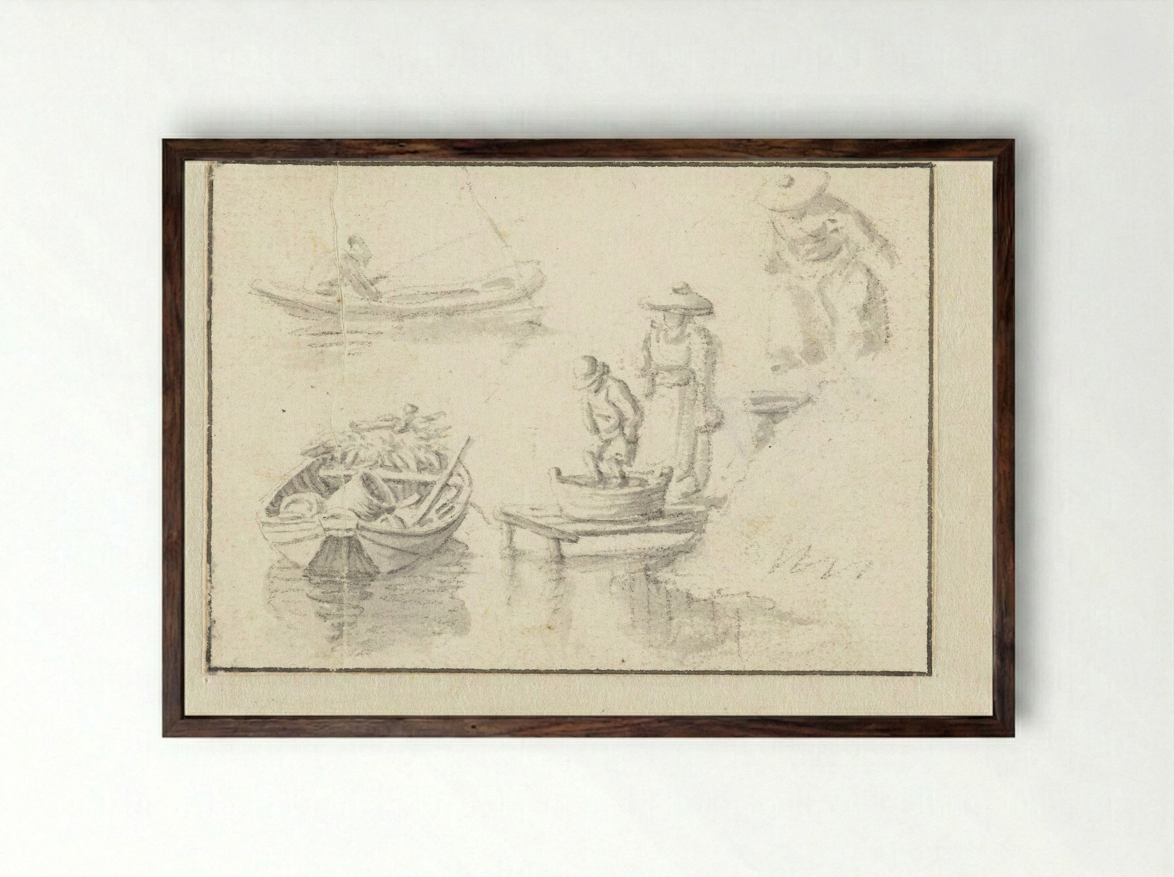 Bootje bij een steiger (Small Boat at a Jetty) - Herman Saftleven - Framed Print Dark Wood